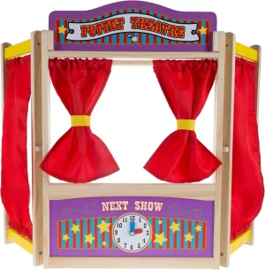 Hey! Play! Wooden Tabletop Puppet Theater with Curtains, Blackboard, and Clock- Inspires Imagination and Creativity for Kids, Boys and Girls