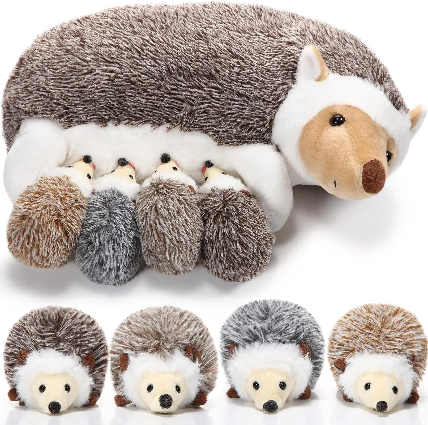 Hiboom 5 Pcs Nurturing Hedgehog Stuffed Animals Valentine Gift for Kids Magnetic Mommy Plush with 4 Stuffed Baby Hoglets Soft Hedgehog Plushies for Baby Shower Birthday Woodland Party
