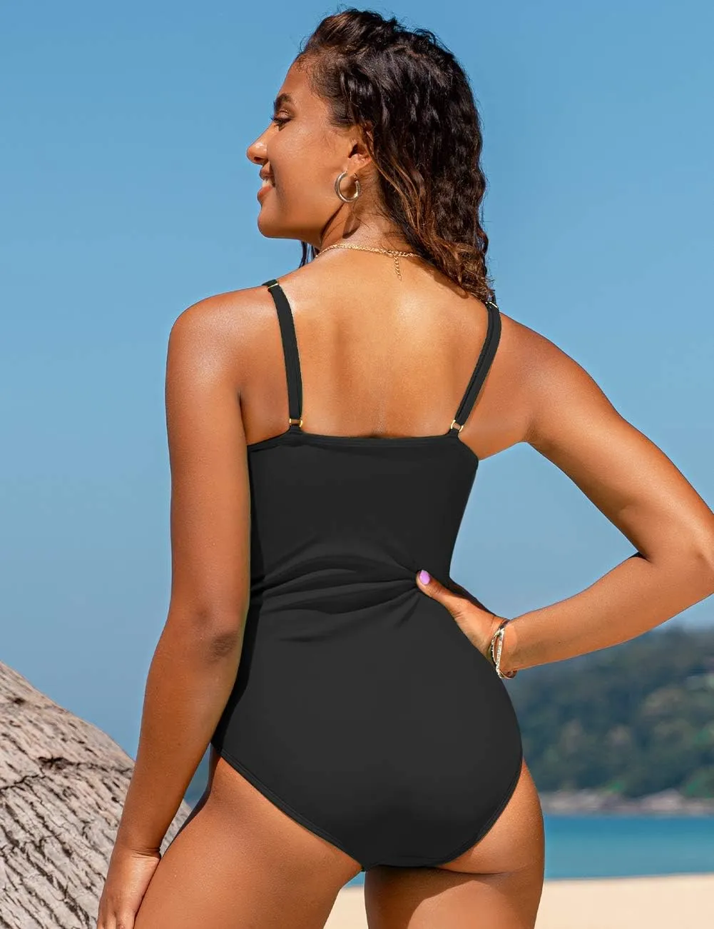 Hilor Women's One Piece Swimsuits Front Twist Swimwear V Neck Shirred Bathing Suit Monokini Tummy Control