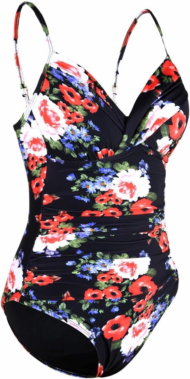 Hilor Women's One Piece Swimsuits Front Twist Swimwear V Neck Shirred Bathing Suit Monokini Tummy Control