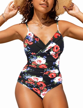 Hilor Women's One Piece Swimsuits Front Twist Swimwear V Neck Shirred Bathing Suit Monokini Tummy Control