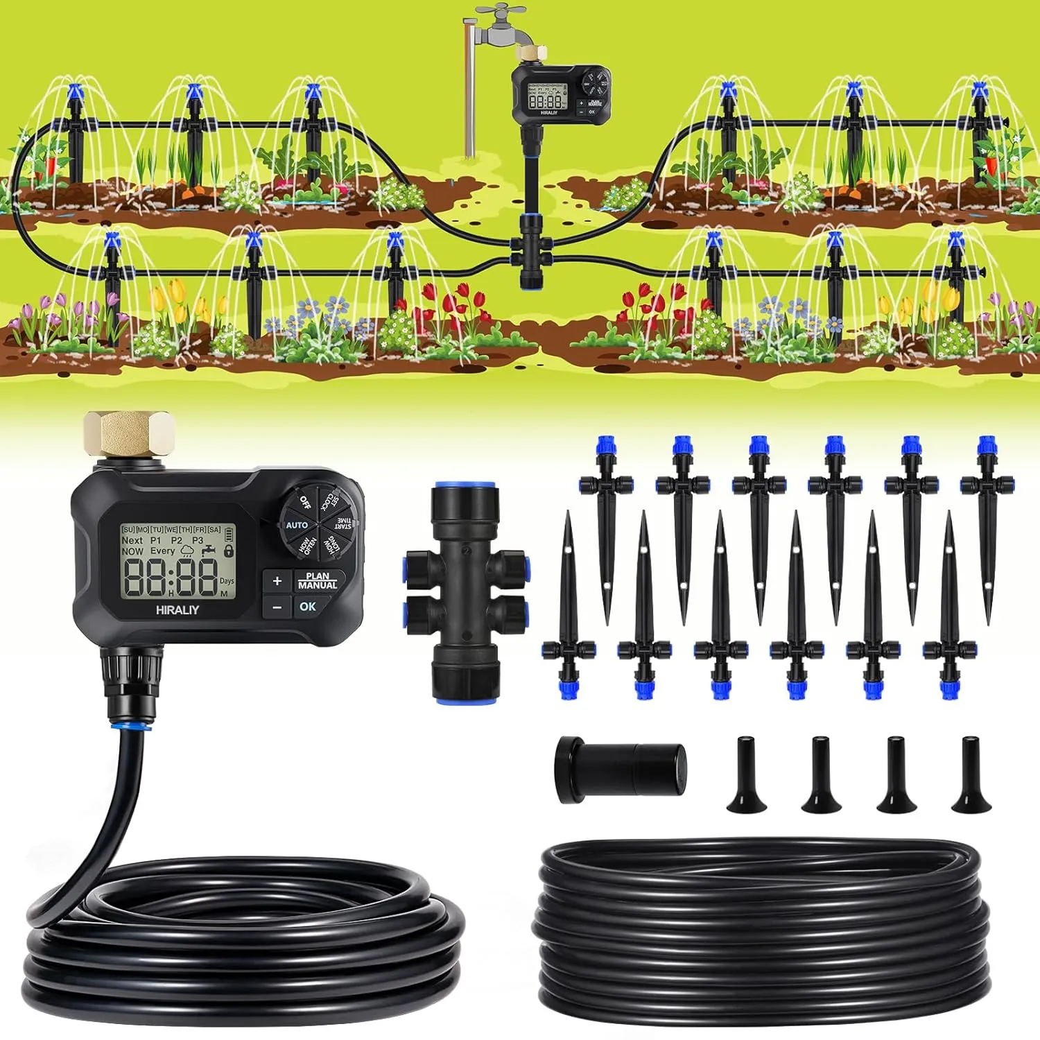 HIRALIY 50FT Automatic Drip Irrigation Kits with Garden Timer, Garden Watering System for Patio Lawn, Quick Connector Design Irrigation System Kit with Easy Programmable Water Timer