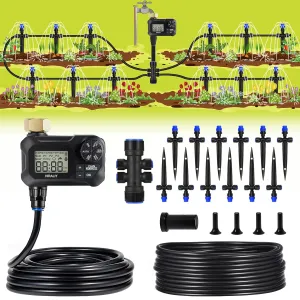 HIRALIY 50FT Automatic Drip Irrigation Kits with Garden Timer, Garden Watering System for Patio Lawn, Quick Connector Design Irrigation System Kit with Easy Programmable Water Timer