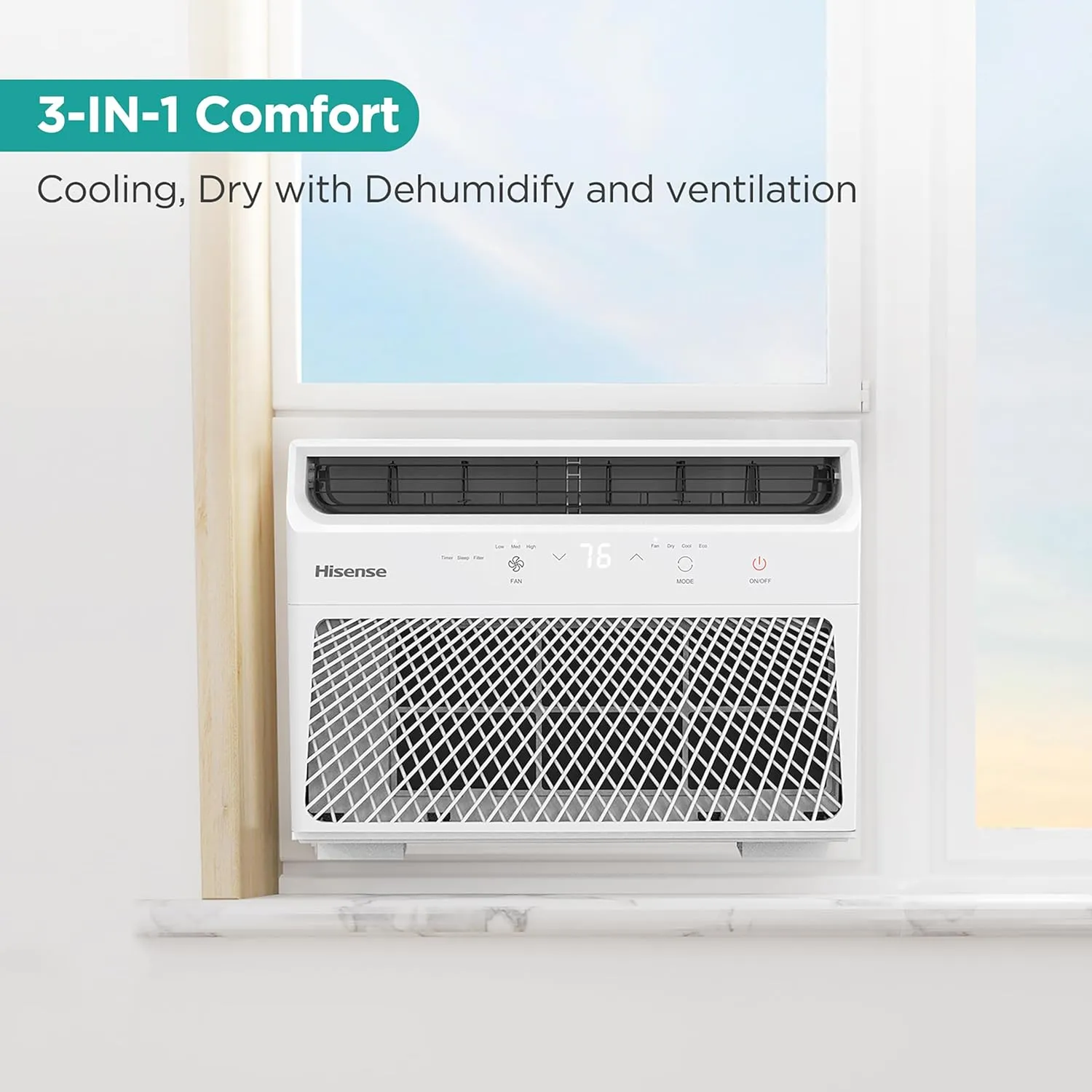 Hisense AHW0621CR1W 6,000 Air Conditioner and Dehumidifier with Remote Control, 115V, Window AC Unit for Apartment, Dorm, Small Rooms up to 250 Square Feet in White, 6000 BTU