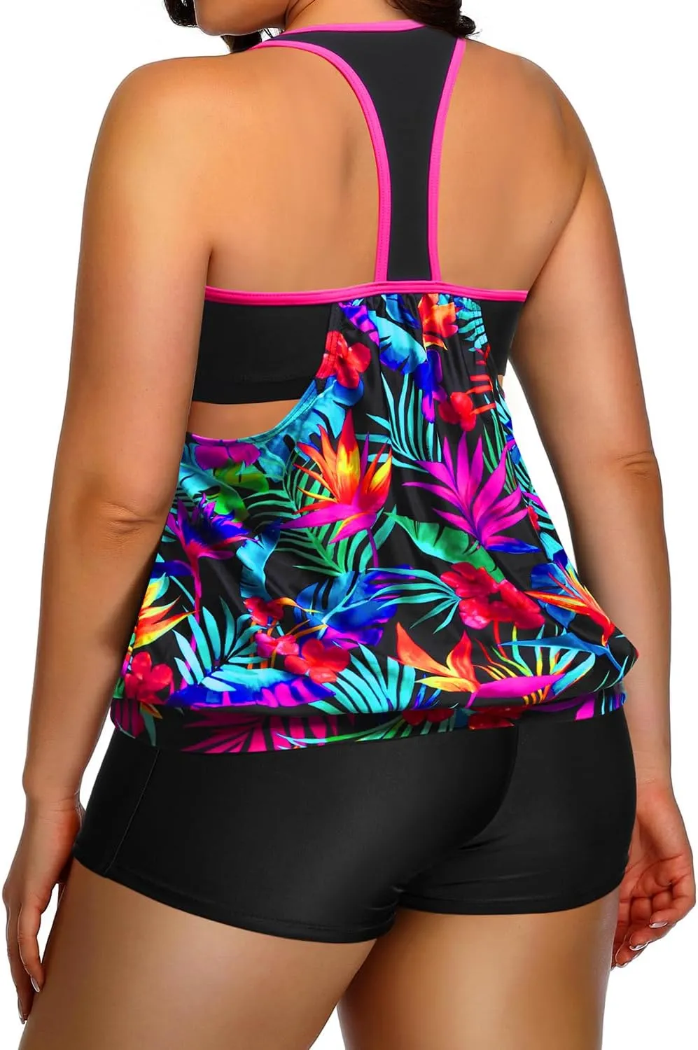 Holipick Plus Size Tankini Swimsuit for Women Two Piece Tummy Control Bathing Suit Blouson Racerback Tankini Top with Shorts