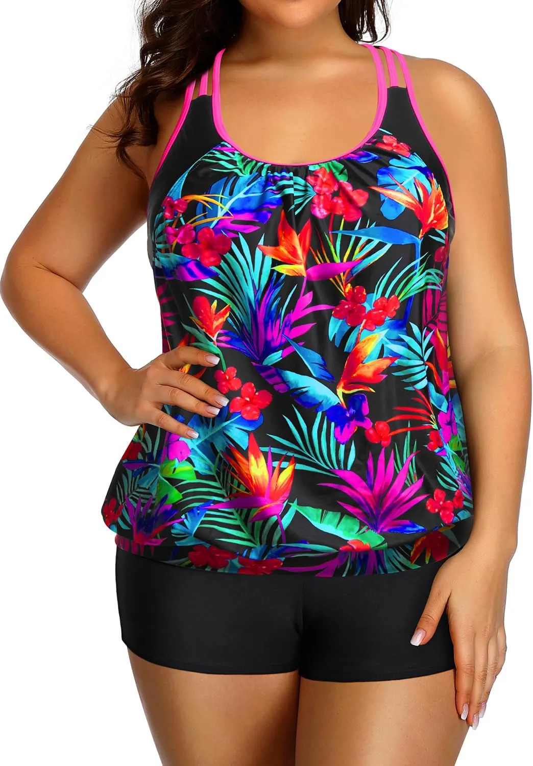 Holipick Plus Size Tankini Swimsuit for Women Two Piece Tummy Control Bathing Suit Blouson Racerback Tankini Top with Shorts
