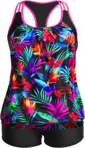Holipick Plus Size Tankini Swimsuit for Women Two Piece Tummy Control Bathing Suit Blouson Racerback Tankini Top with Shorts