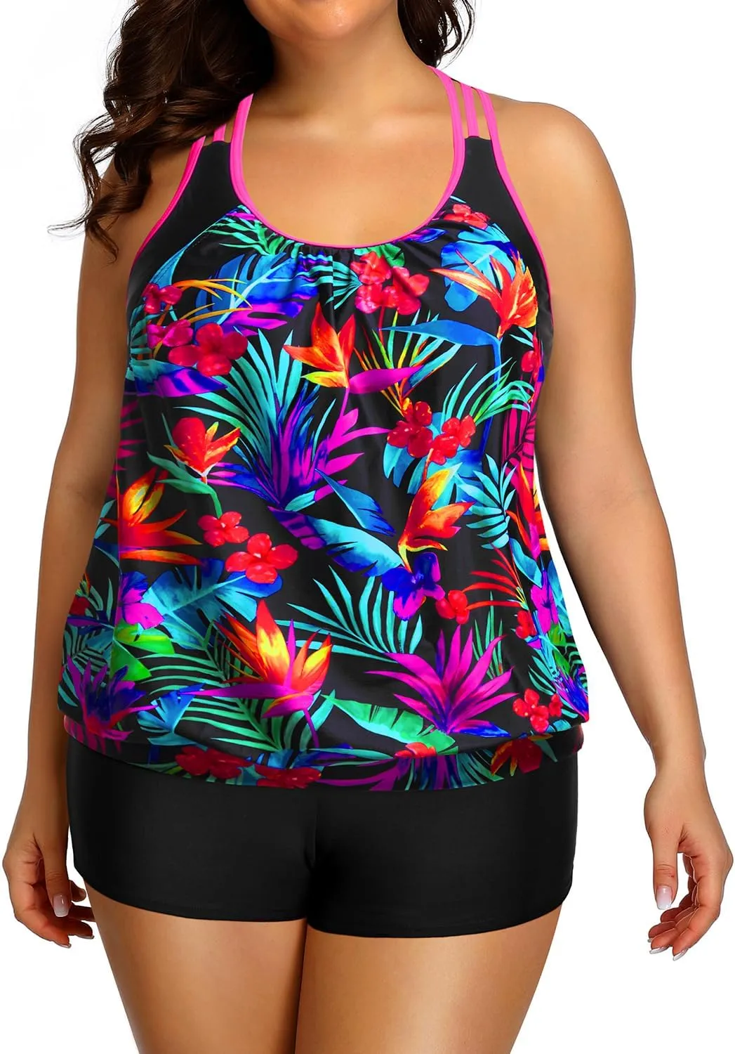 Holipick Plus Size Tankini Swimsuit for Women Two Piece Tummy Control Bathing Suit Blouson Racerback Tankini Top with Shorts