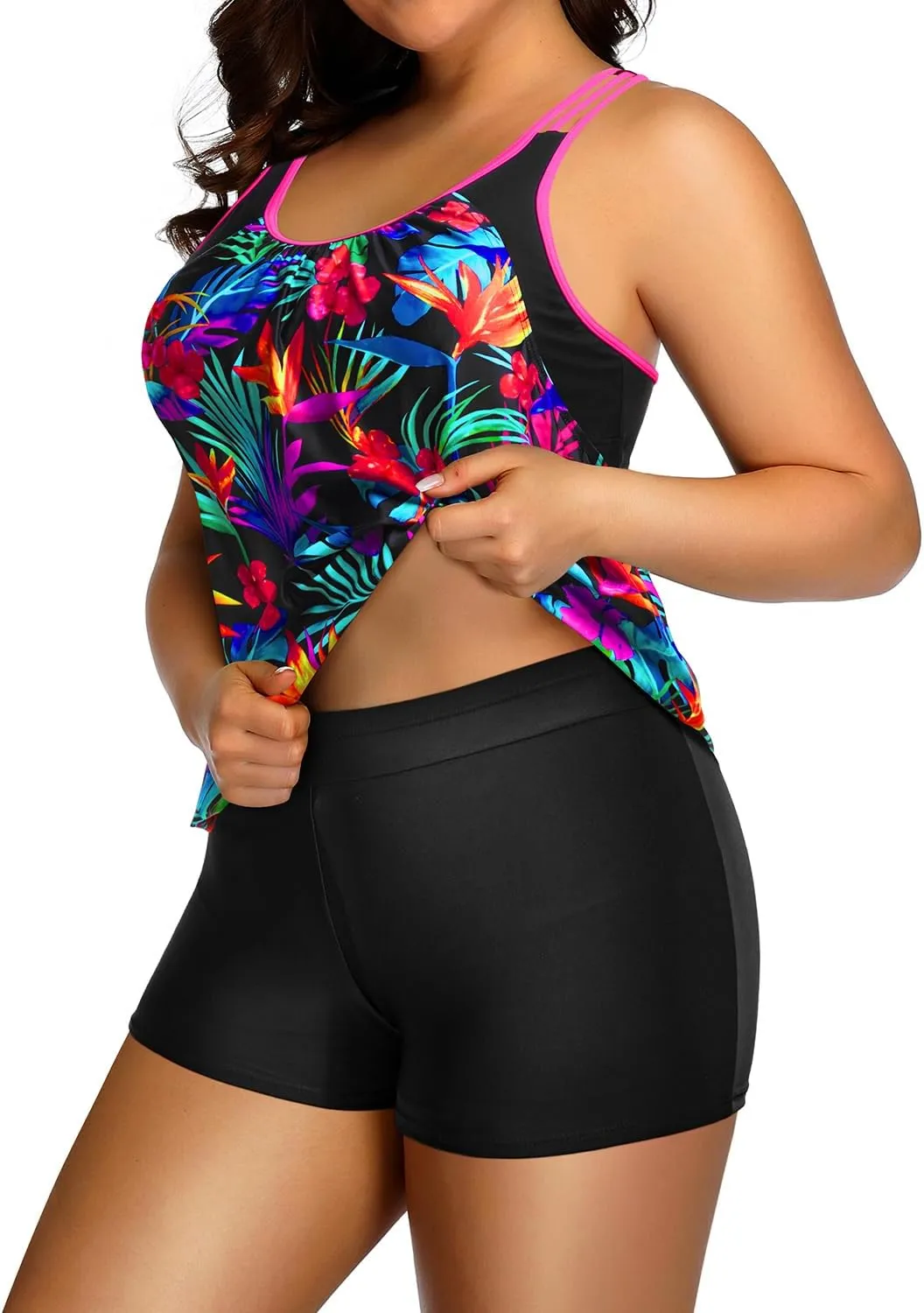 Holipick Plus Size Tankini Swimsuit for Women Two Piece Tummy Control Bathing Suit Blouson Racerback Tankini Top with Shorts