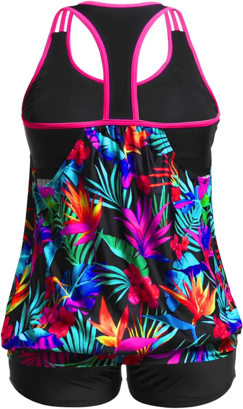Holipick Plus Size Tankini Swimsuit for Women Two Piece Tummy Control Bathing Suit Blouson Racerback Tankini Top with Shorts