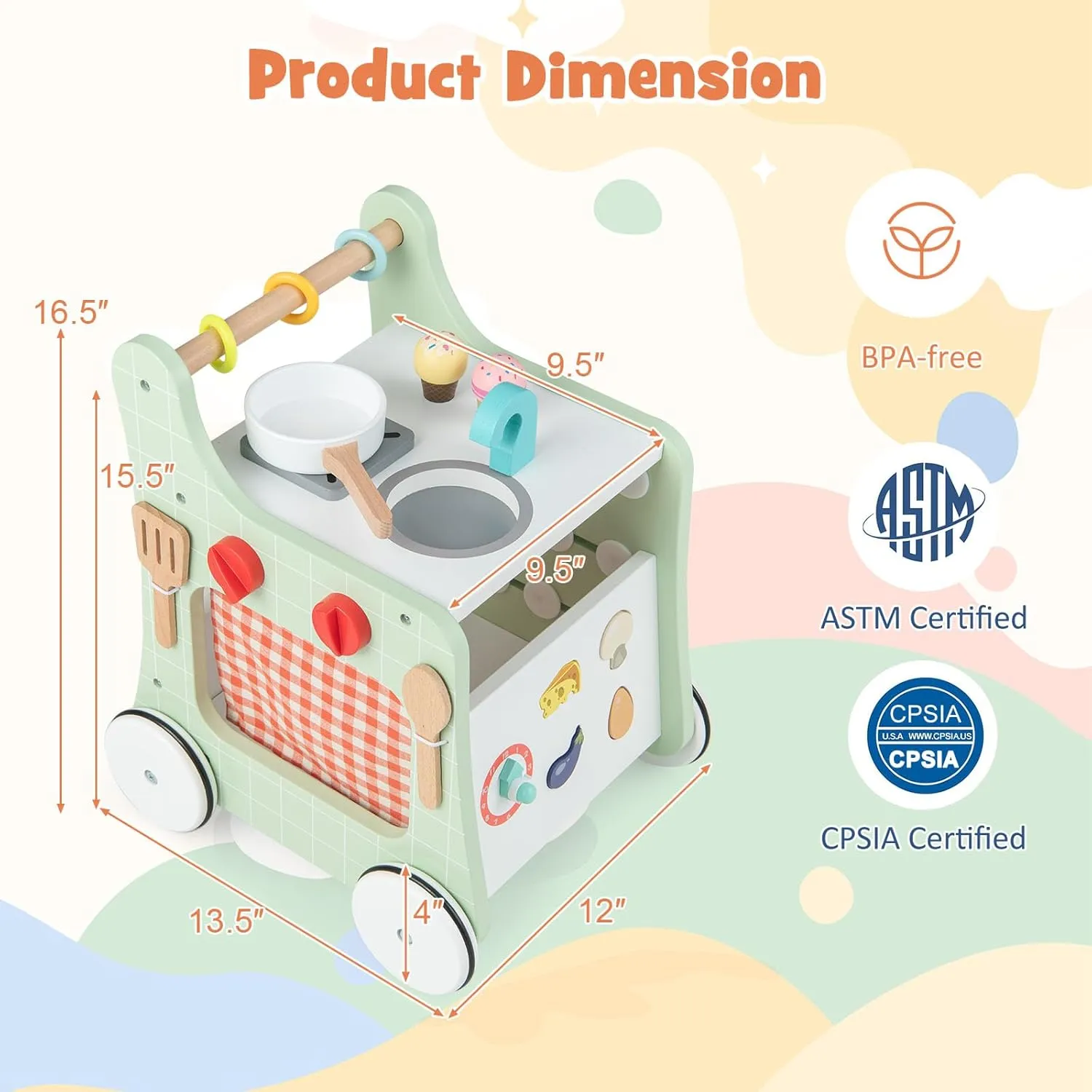 HONEY JOY Baby Push Walker, 6-in-1 Wooden Play Kitchen Walker Activity Center w/Shape Sorter, Develop Motor Skills & Creativity, Push Toys for Babies Learning to Walk, Gift for Boys and Girls