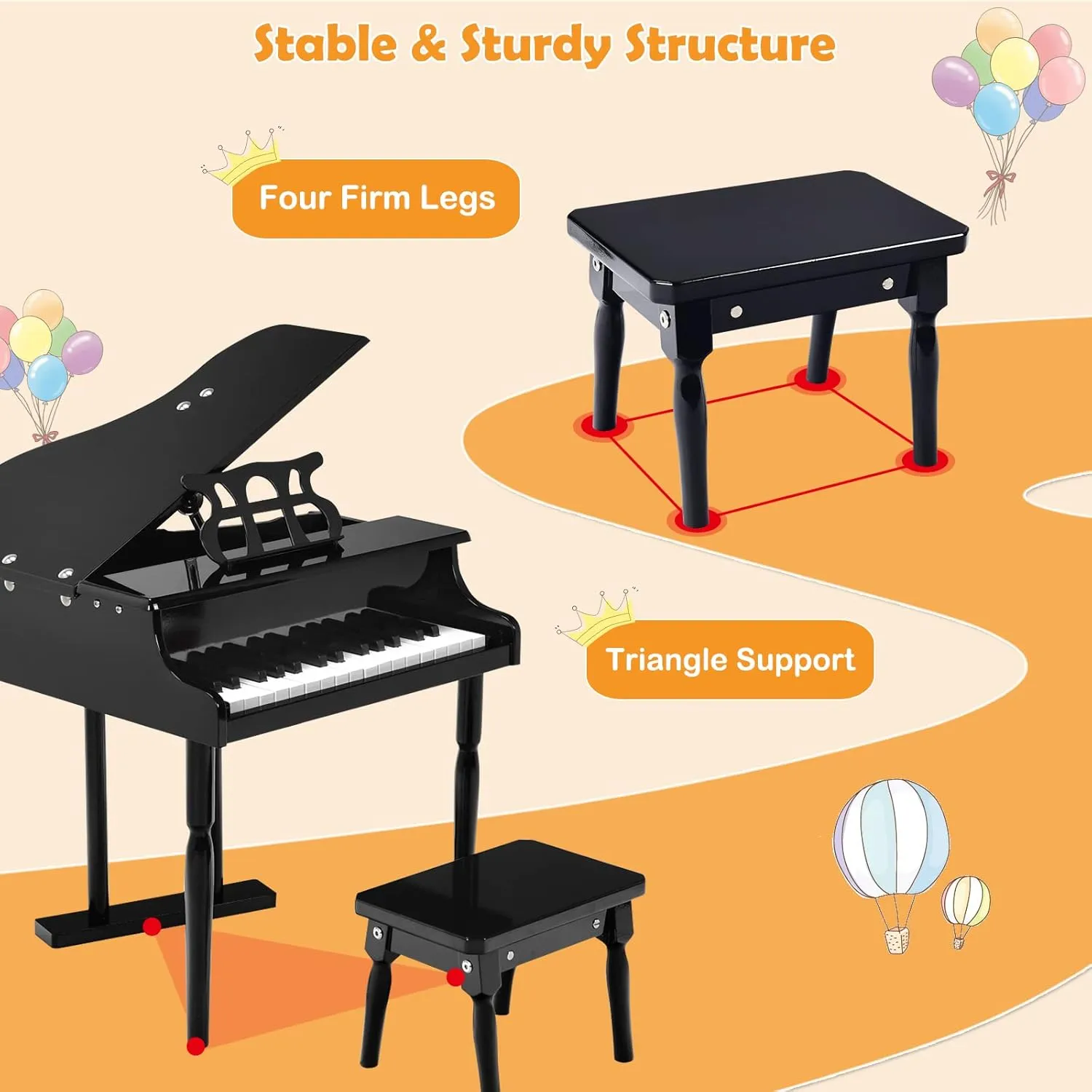 HONEY JOY Classical Kids Piano, 30-Key Mini Grand Piano with Music Stand and Bench, Wooden Musical Instrument Toy w/Lid & Music Rack, Gift for Boys Girls Ages 3  (3 Straight Leg-Black)