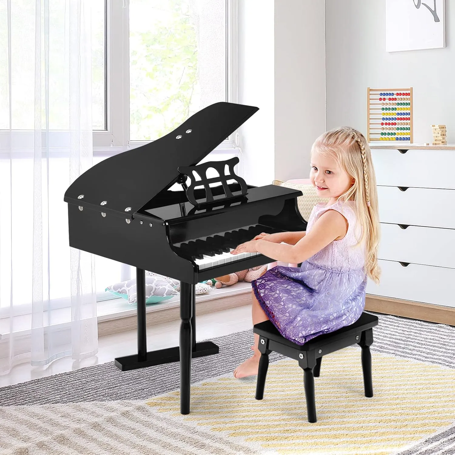 HONEY JOY Classical Kids Piano, 30-Key Mini Grand Piano with Music Stand and Bench, Wooden Musical Instrument Toy w/Lid & Music Rack, Gift for Boys Girls Ages 3  (3 Straight Leg-Black)