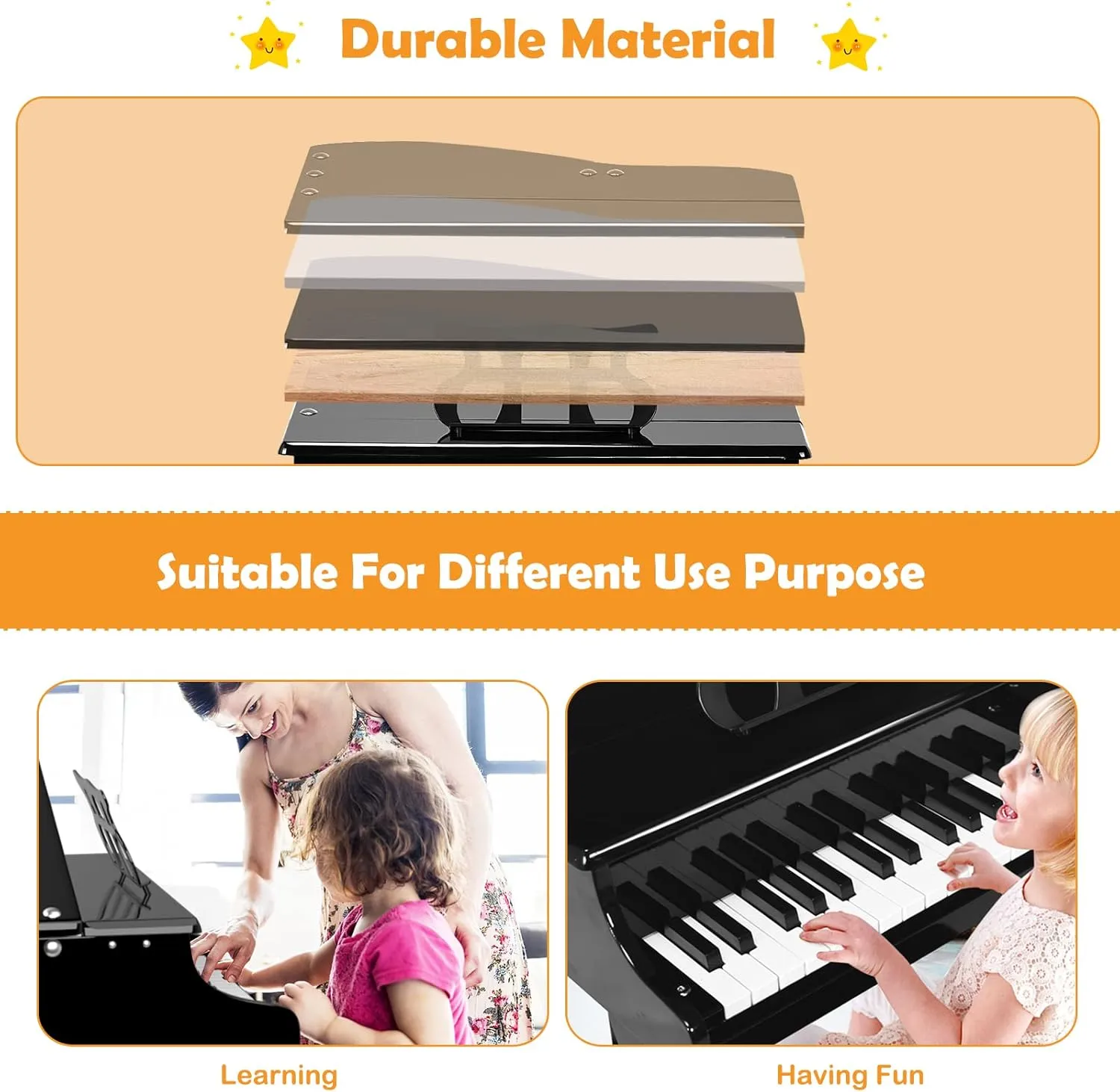 HONEY JOY Classical Kids Piano, 30-Key Mini Grand Piano with Music Stand and Bench, Wooden Musical Instrument Toy w/Lid & Music Rack, Gift for Boys Girls Ages 3  (3 Straight Leg-Black)