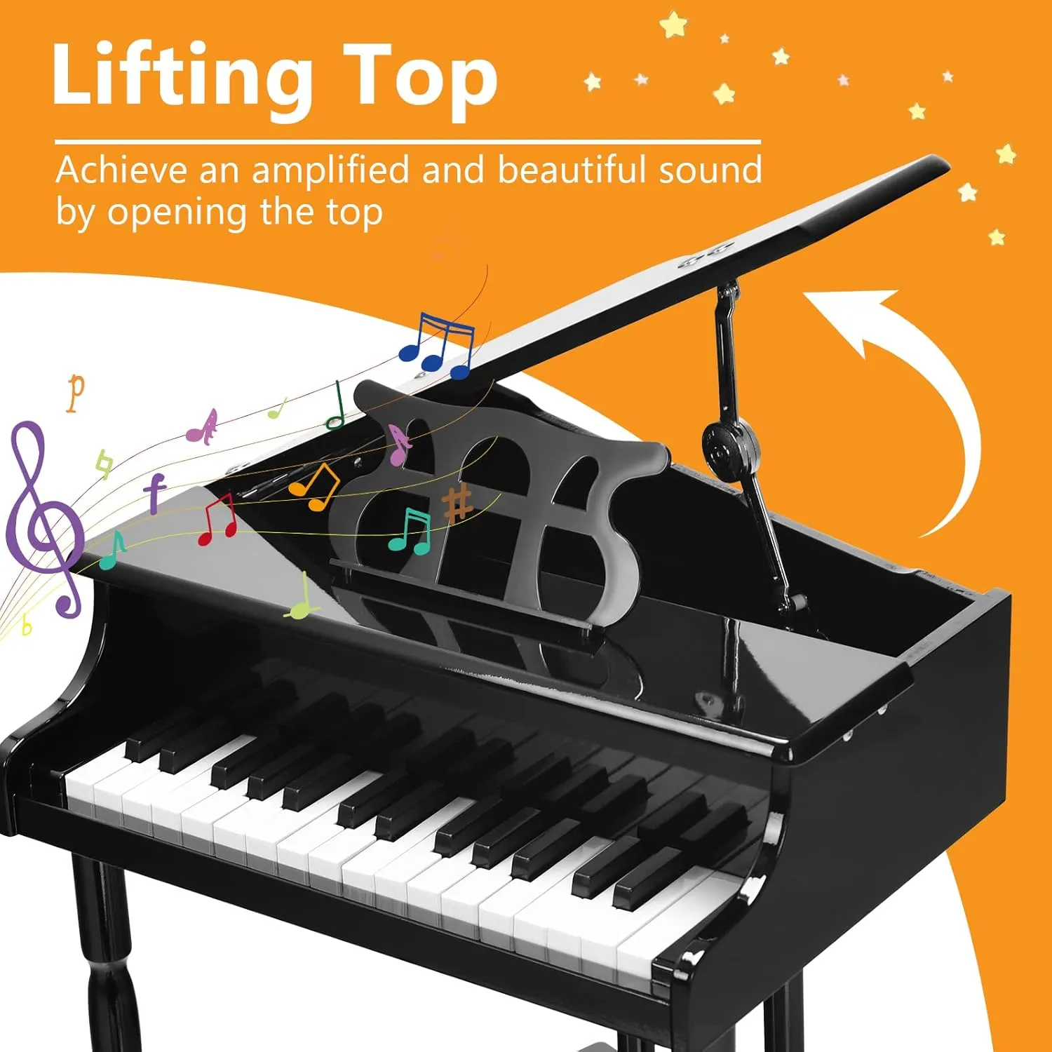 HONEY JOY Classical Kids Piano, 30-Key Mini Grand Piano with Music Stand and Bench, Wooden Musical Instrument Toy w/Lid & Music Rack, Gift for Boys Girls Ages 3  (3 Straight Leg-Black)