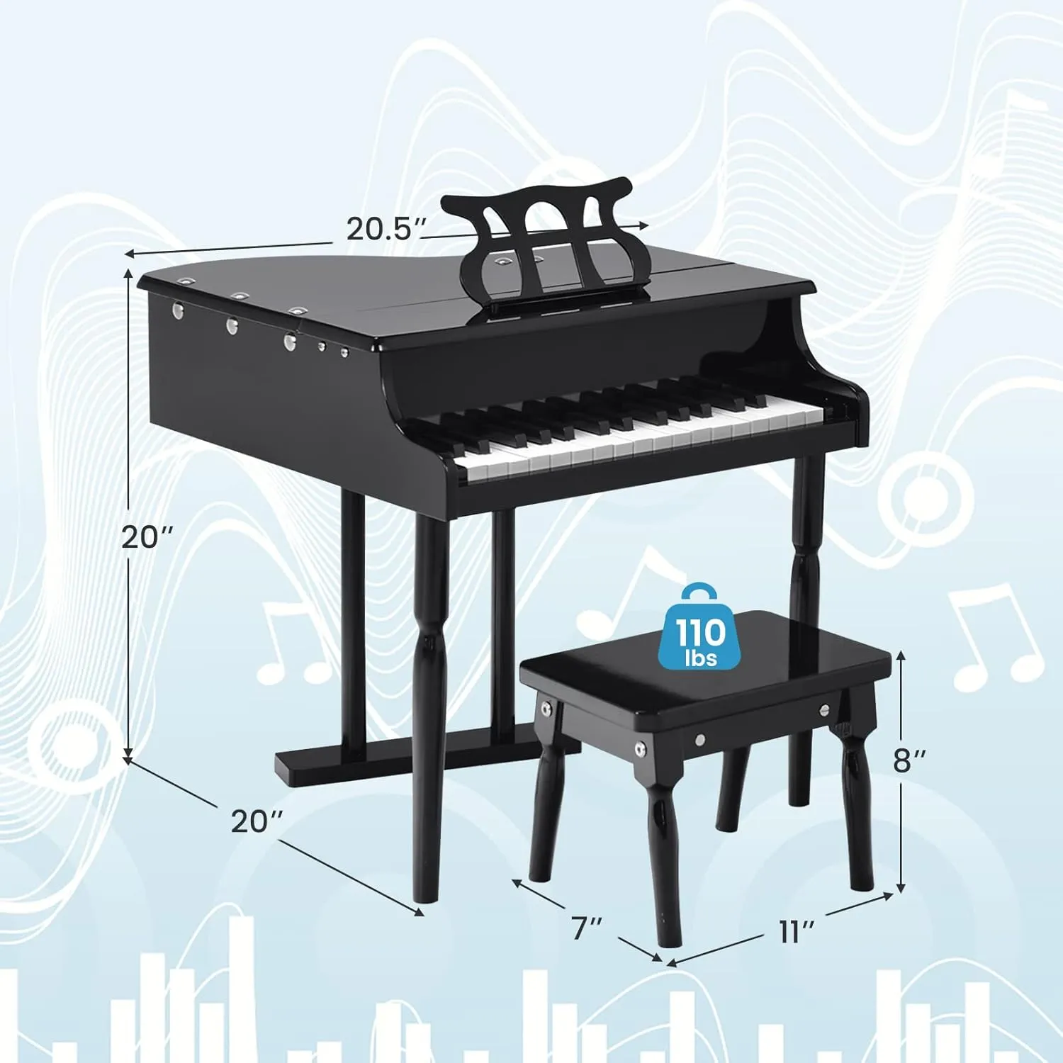 HONEY JOY Classical Kids Piano, 30-Key Mini Grand Piano with Music Stand and Bench, Wooden Musical Instrument Toy w/Lid & Music Rack, Gift for Boys Girls Ages 3  (3 Straight Leg-Black)