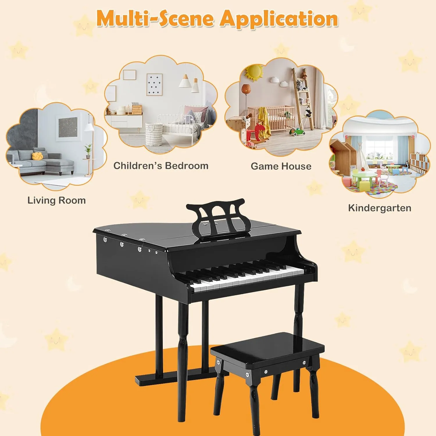 HONEY JOY Classical Kids Piano, 30-Key Mini Grand Piano with Music Stand and Bench, Wooden Musical Instrument Toy w/Lid & Music Rack, Gift for Boys Girls Ages 3  (3 Straight Leg-Black)