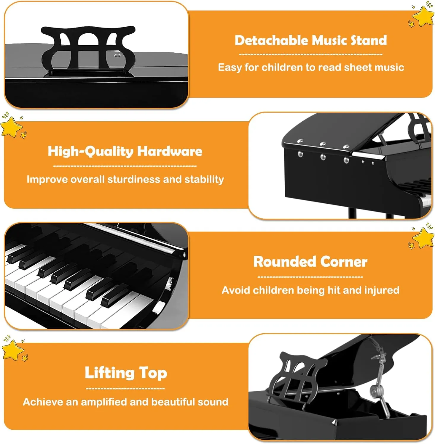 HONEY JOY Classical Kids Piano, 30-Key Mini Grand Piano with Music Stand and Bench, Wooden Musical Instrument Toy w/Lid & Music Rack, Gift for Boys Girls Ages 3  (3 Straight Leg-Black)