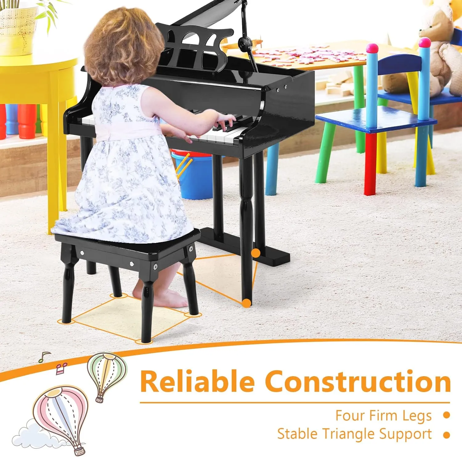 HONEY JOY Classical Kids Piano, 30-Key Mini Grand Piano with Music Stand and Bench, Wooden Musical Instrument Toy w/Lid & Music Rack, Gift for Boys Girls Ages 3  (3 Straight Leg-Black)