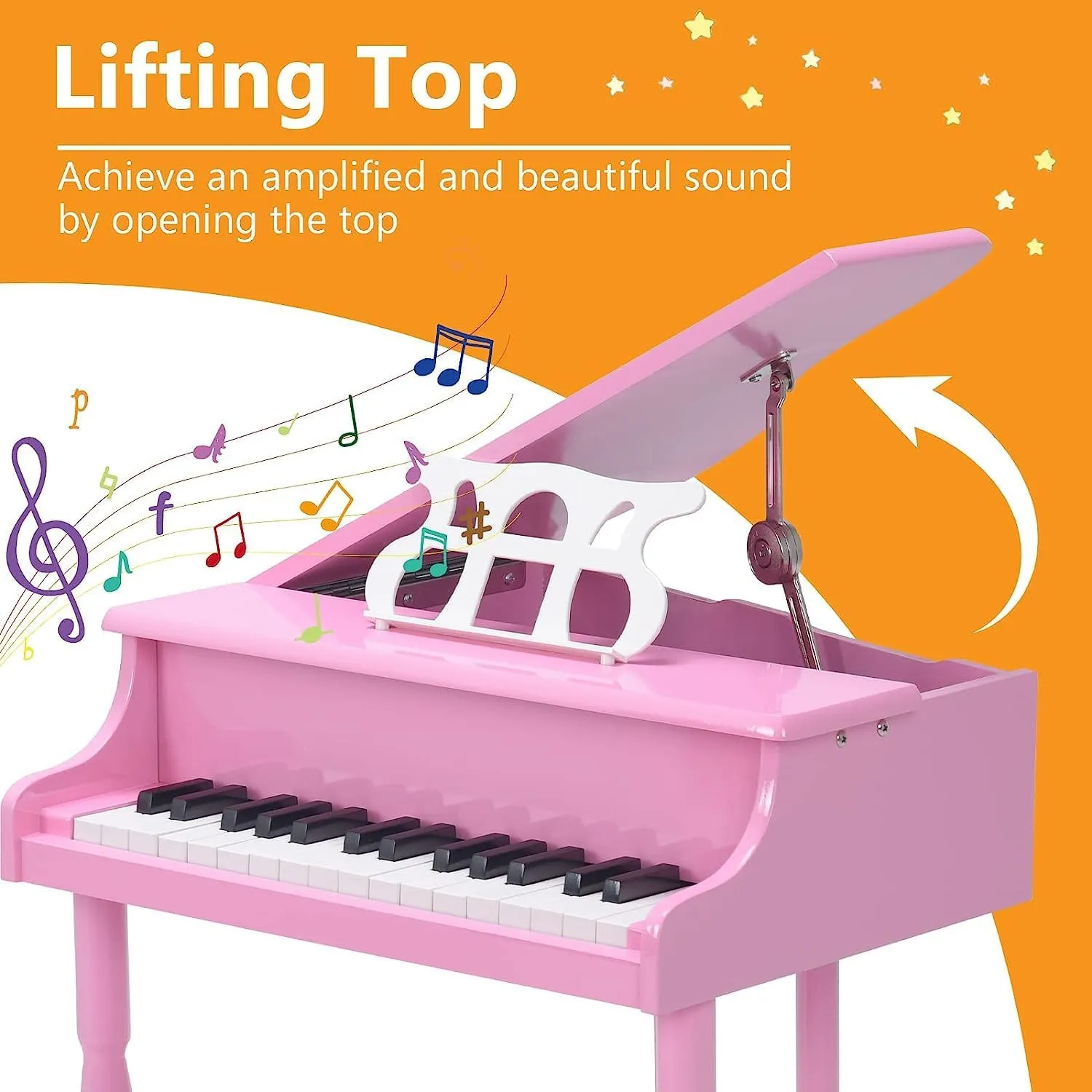 HONEY JOY Classical Kids Piano, 30-Key Mini Grand Piano with Music Stand and Bench, Wooden Musical Instrument Toy w/Lid & Music Rack, Gift for Boys Girls Ages 3  (3 Straight Leg-Pink)
