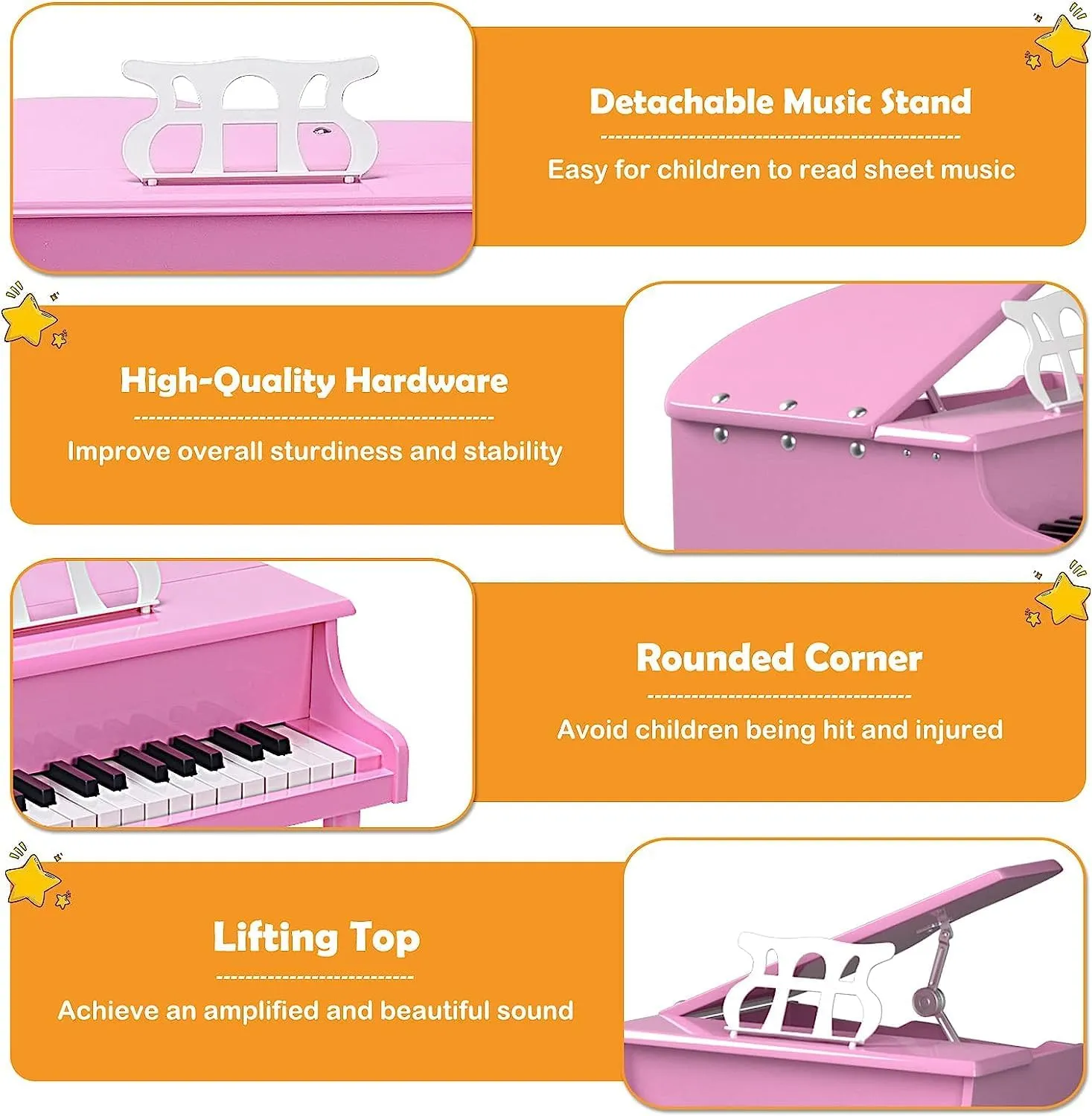 HONEY JOY Classical Kids Piano, 30-Key Mini Grand Piano with Music Stand and Bench, Wooden Musical Instrument Toy w/Lid & Music Rack, Gift for Boys Girls Ages 3  (3 Straight Leg-Pink)