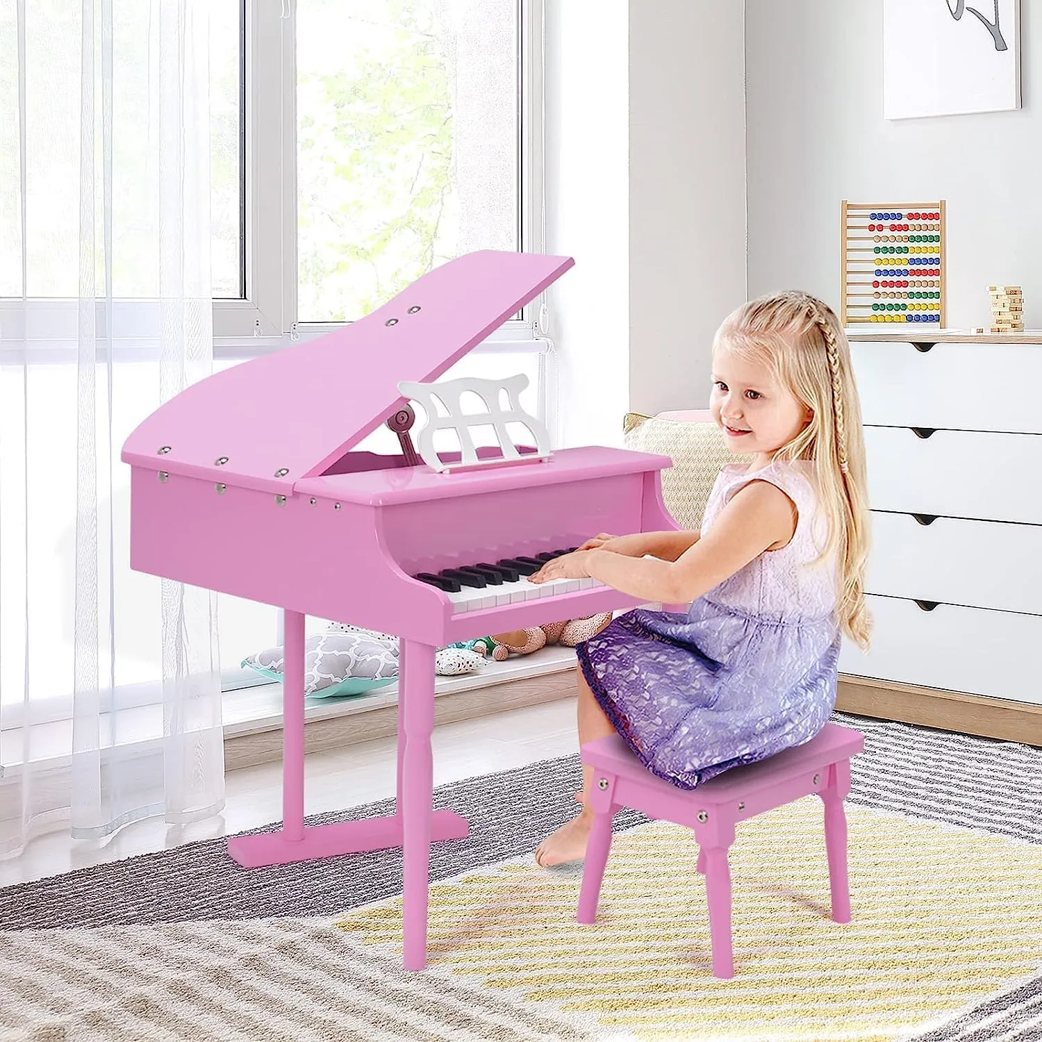 HONEY JOY Classical Kids Piano, 30-Key Mini Grand Piano with Music Stand and Bench, Wooden Musical Instrument Toy w/Lid & Music Rack, Gift for Boys Girls Ages 3  (3 Straight Leg-Pink)