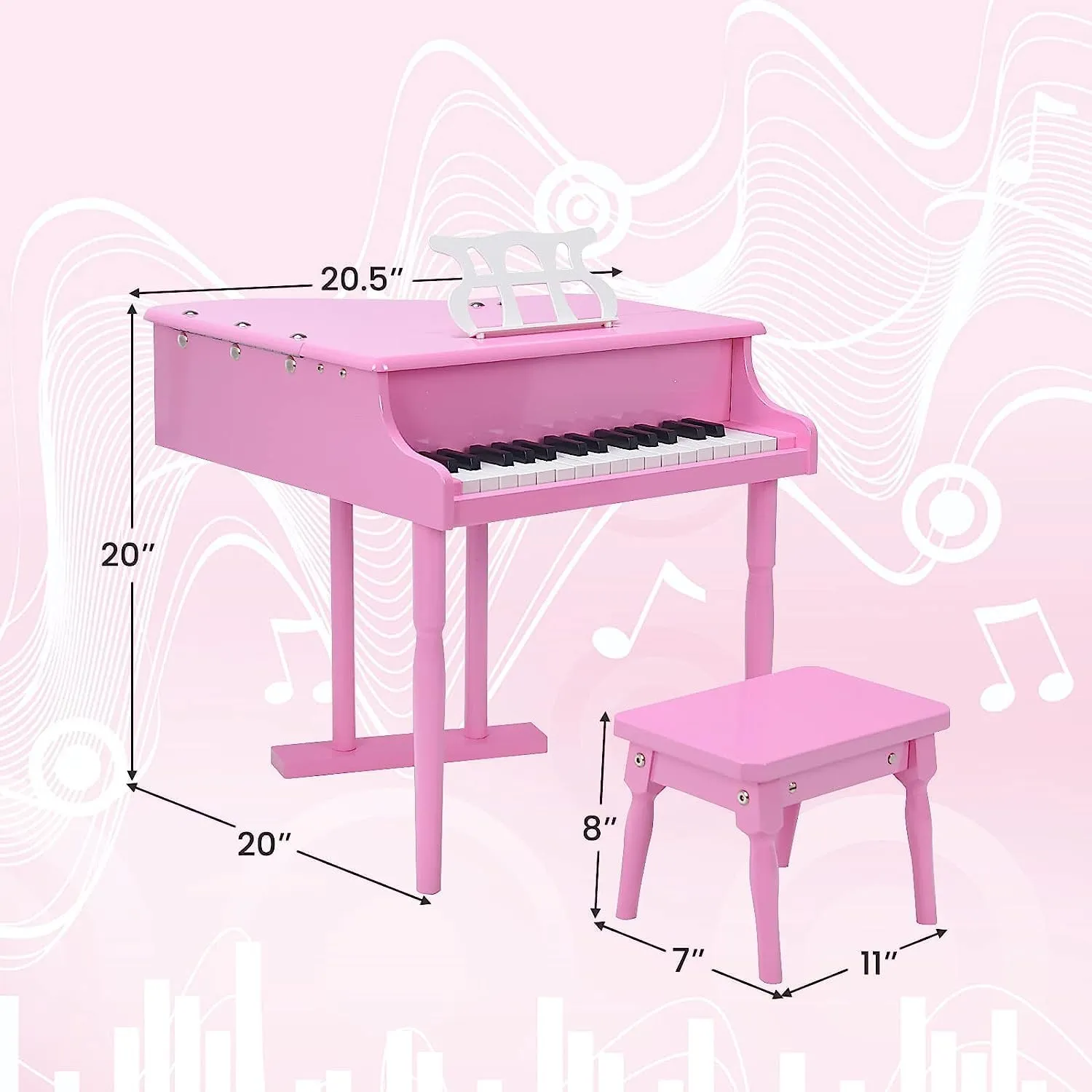 HONEY JOY Classical Kids Piano, 30-Key Mini Grand Piano with Music Stand and Bench, Wooden Musical Instrument Toy w/Lid & Music Rack, Gift for Boys Girls Ages 3  (3 Straight Leg-Pink)