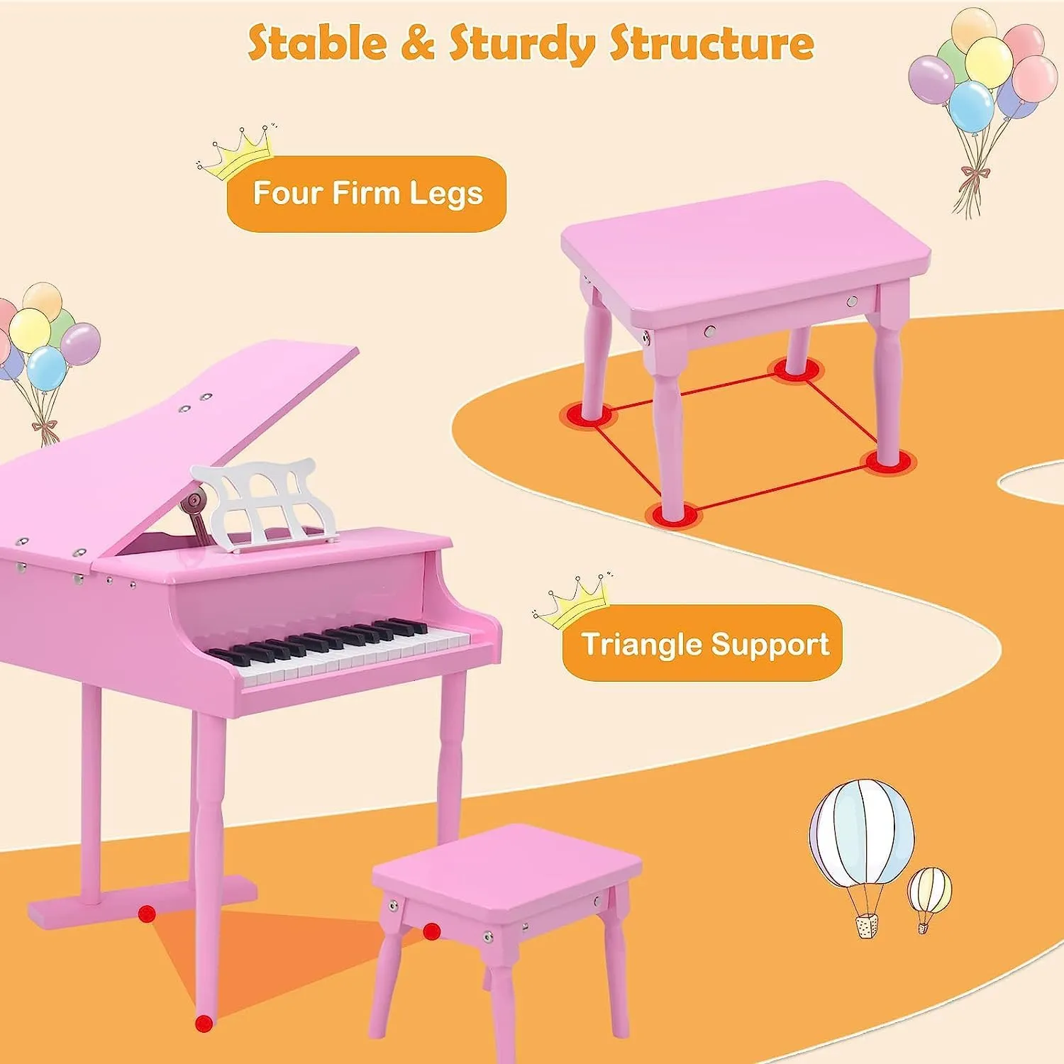 HONEY JOY Classical Kids Piano, 30-Key Mini Grand Piano with Music Stand and Bench, Wooden Musical Instrument Toy w/Lid & Music Rack, Gift for Boys Girls Ages 3  (3 Straight Leg-Pink)