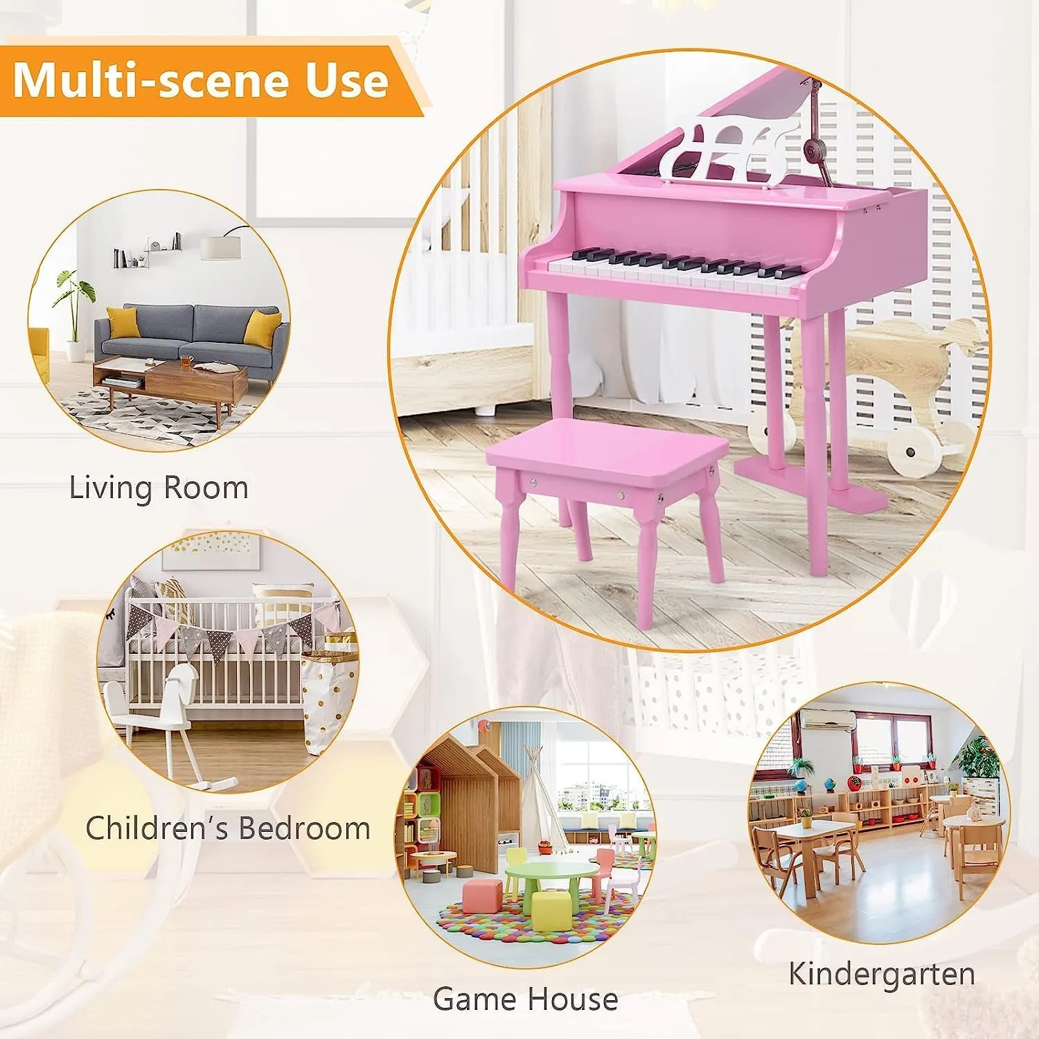 HONEY JOY Classical Kids Piano, 30-Key Mini Grand Piano with Music Stand and Bench, Wooden Musical Instrument Toy w/Lid & Music Rack, Gift for Boys Girls Ages 3  (3 Straight Leg-Pink)