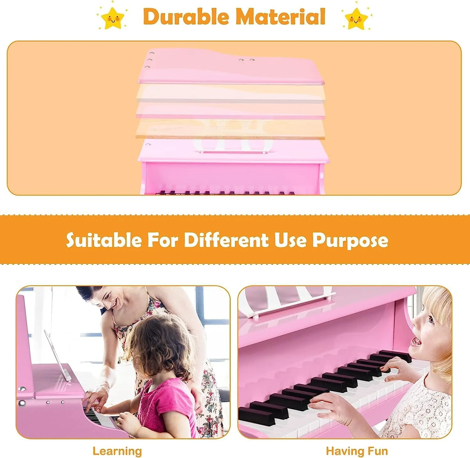 HONEY JOY Classical Kids Piano, 30-Key Mini Grand Piano with Music Stand and Bench, Wooden Musical Instrument Toy w/Lid & Music Rack, Gift for Boys Girls Ages 3  (3 Straight Leg-Pink)