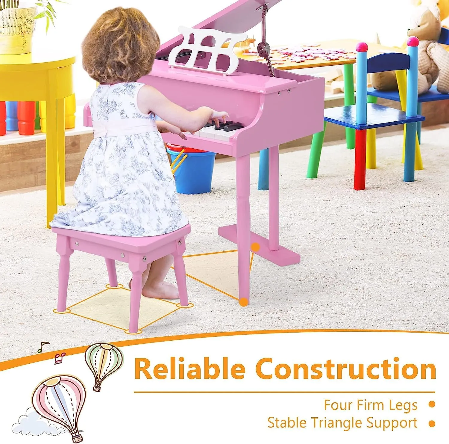 HONEY JOY Classical Kids Piano, 30-Key Mini Grand Piano with Music Stand and Bench, Wooden Musical Instrument Toy w/Lid & Music Rack, Gift for Boys Girls Ages 3  (3 Straight Leg-Pink)