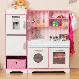 HONEY JOY Kids Kitchen Playset with Lights, Wooden Little Chef Toy Kitchen Set with Storage Bin, Ice Maker & Oven & Stove, Cooking Utensils, Play Kitchen for Toddlers, Gift for Boys Girls, Pink
