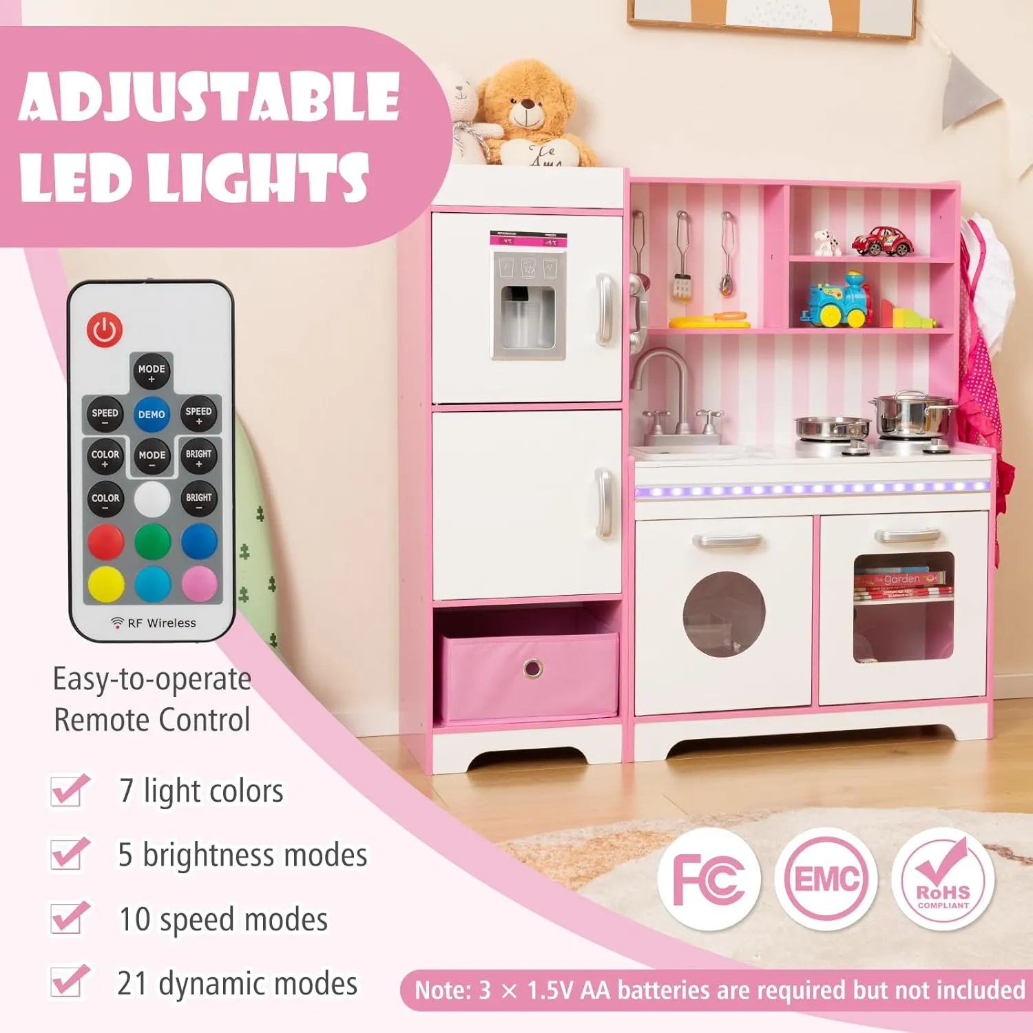 HONEY JOY Kids Kitchen Playset with Lights, Wooden Little Chef Toy Kitchen Set with Storage Bin, Ice Maker & Oven & Stove, Cooking Utensils, Play Kitchen for Toddlers, Gift for Boys Girls, Pink