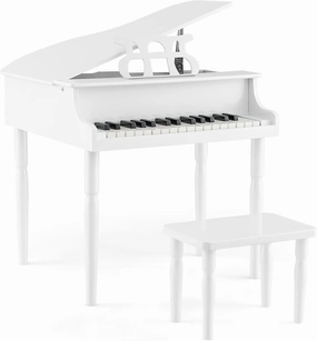 HONEY JOY Classical Kids Piano, 30-Key Mini Grand Piano with Music Stand and Bench, Wooden Musical Instrument Toy w/Lid & Music Rack, Gift for Boys Girls Ages 3  (4 Straight Leg-White)