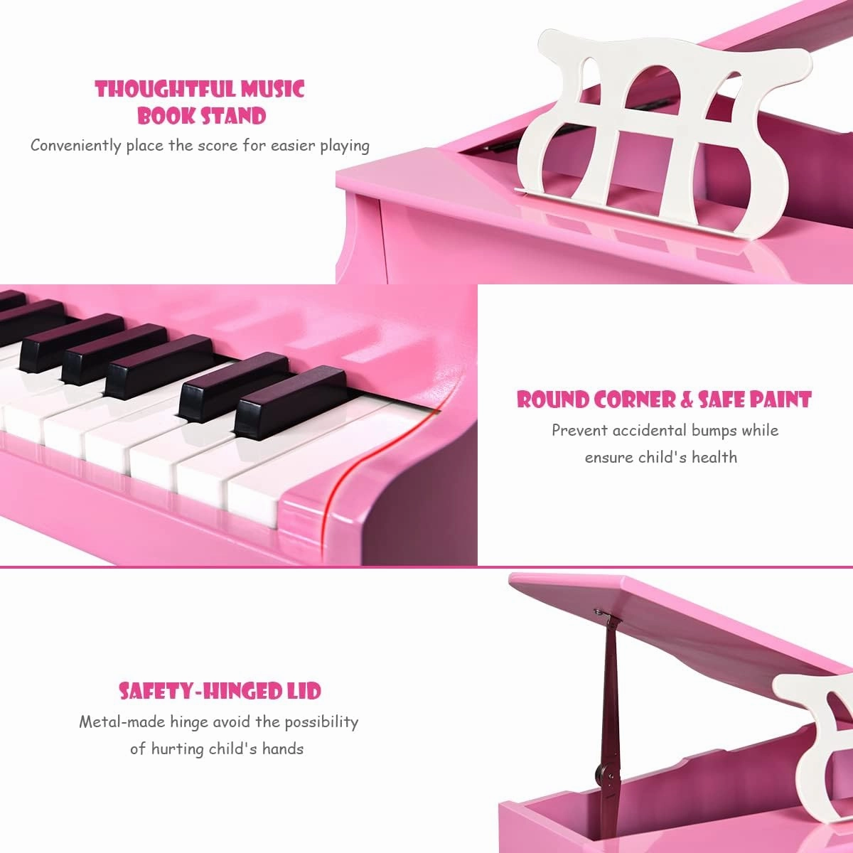 HONEY JOY Classical Kids Piano, 30-Key Mini Grand Piano with Music Stand and Bench, Wooden Musical Instrument Toy w/Lid & Music Rack, Gift for Boys Girls Ages 3  (Pink)