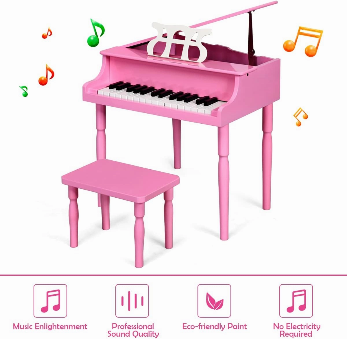 HONEY JOY Classical Kids Piano, 30-Key Mini Grand Piano with Music Stand and Bench, Wooden Musical Instrument Toy w/Lid & Music Rack, Gift for Boys Girls Ages 3  (Pink)