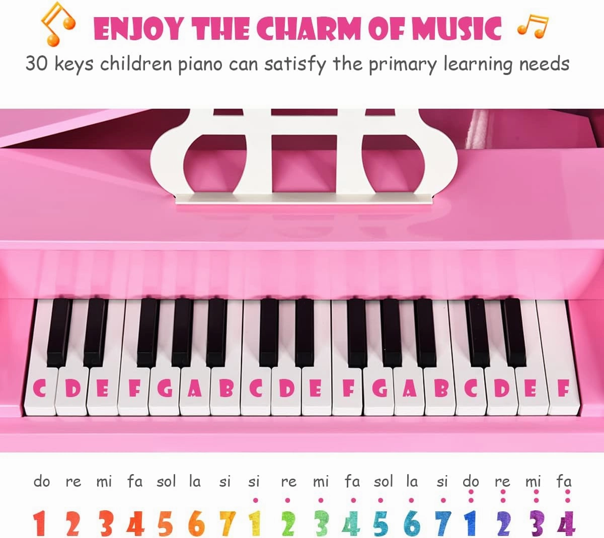 HONEY JOY Classical Kids Piano, 30-Key Mini Grand Piano with Music Stand and Bench, Wooden Musical Instrument Toy w/Lid & Music Rack, Gift for Boys Girls Ages 3  (Pink)