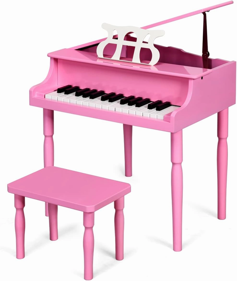 HONEY JOY Classical Kids Piano, 30-Key Mini Grand Piano with Music Stand and Bench, Wooden Musical Instrument Toy w/Lid & Music Rack, Gift for Boys Girls Ages 3  (Pink)