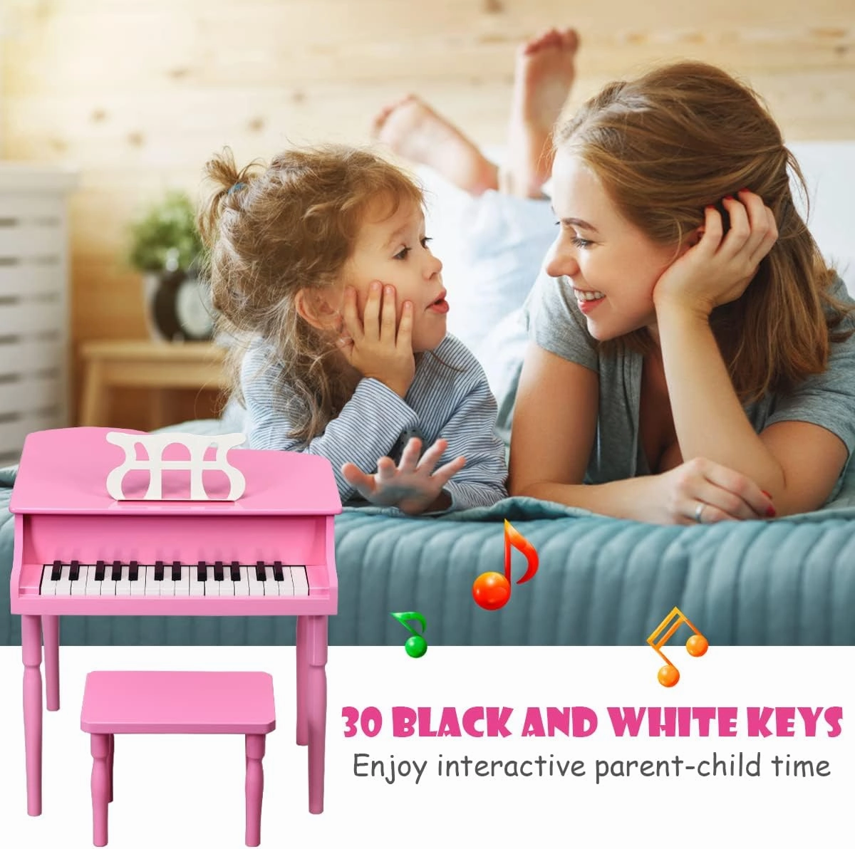 HONEY JOY Classical Kids Piano, 30-Key Mini Grand Piano with Music Stand and Bench, Wooden Musical Instrument Toy w/Lid & Music Rack, Gift for Boys Girls Ages 3  (Pink)