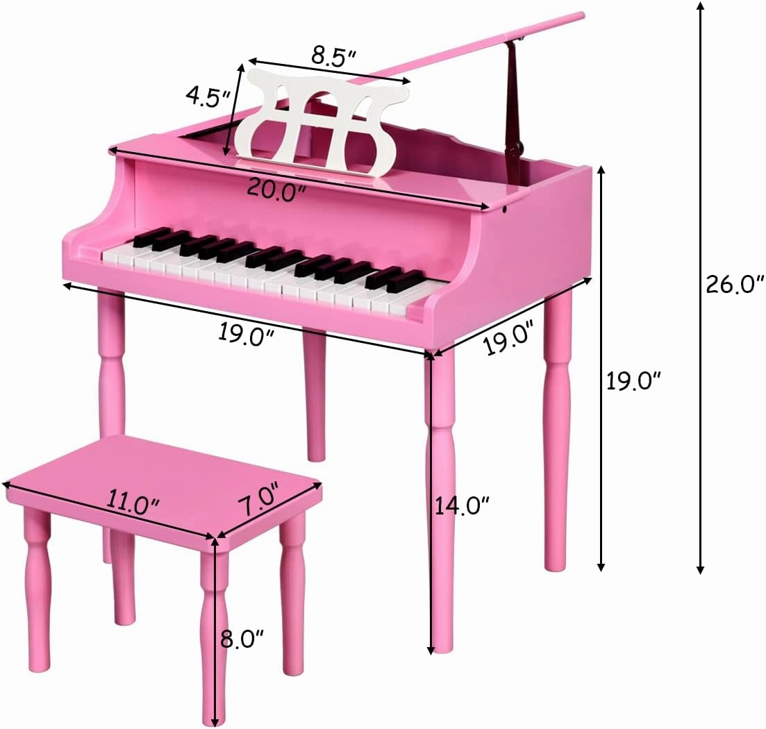 HONEY JOY Classical Kids Piano, 30-Key Mini Grand Piano with Music Stand and Bench, Wooden Musical Instrument Toy w/Lid & Music Rack, Gift for Boys Girls Ages 3  (Pink)