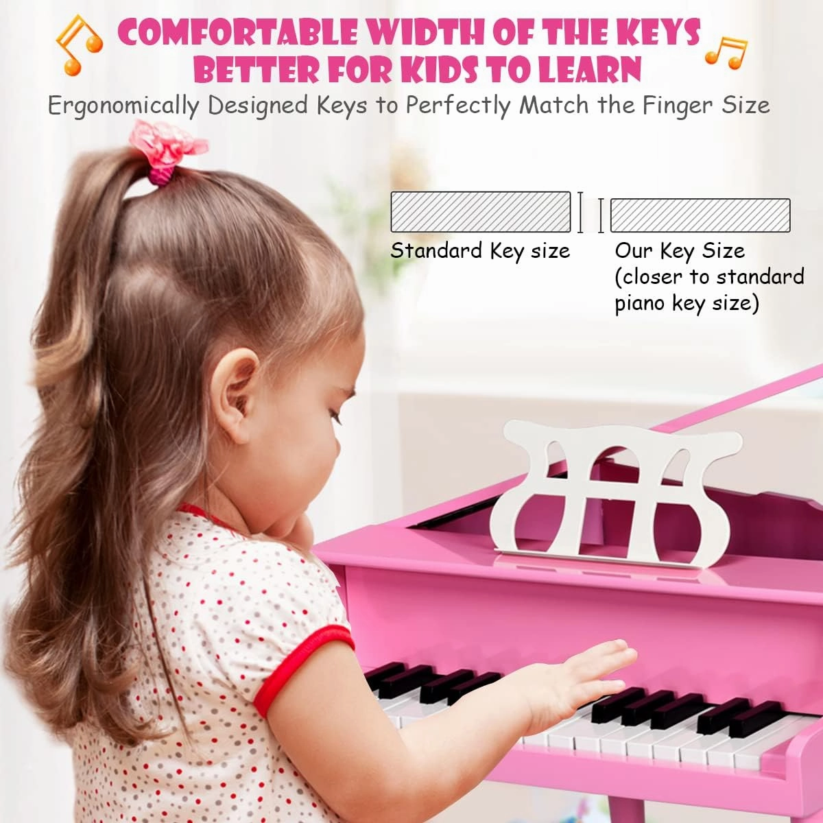 HONEY JOY Classical Kids Piano, 30-Key Mini Grand Piano with Music Stand and Bench, Wooden Musical Instrument Toy w/Lid & Music Rack, Gift for Boys Girls Ages 3  (Pink)