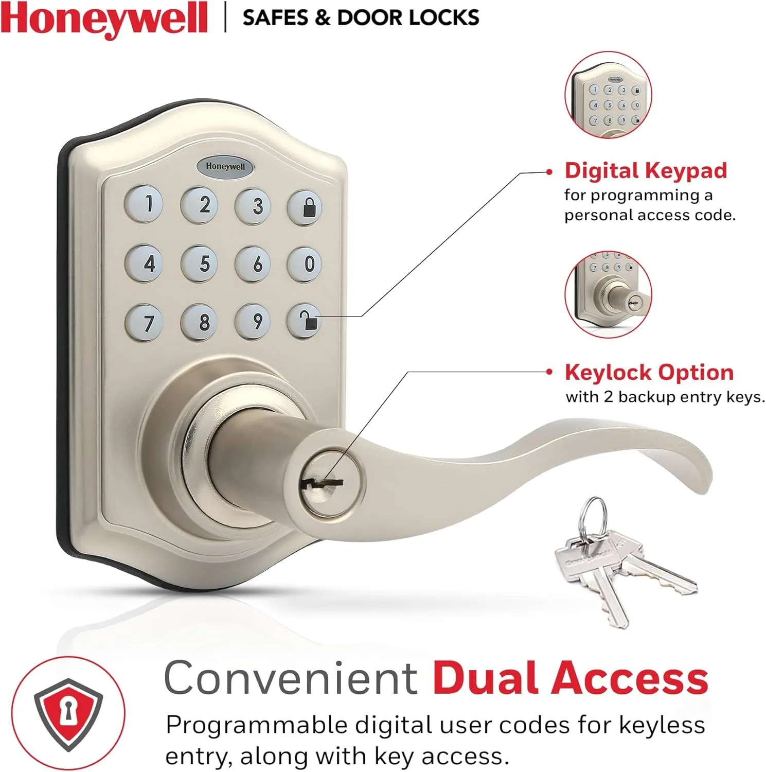 Honeywell Safes & Door Locks - Keyless Entry Lever Door Lock Handle with Electronic Keypad - Easy to Install for Front Door Lock with Code - 50 User Pin Codes - Satin Nickel, 6.5 x 8.8 x 9 in, 8734301