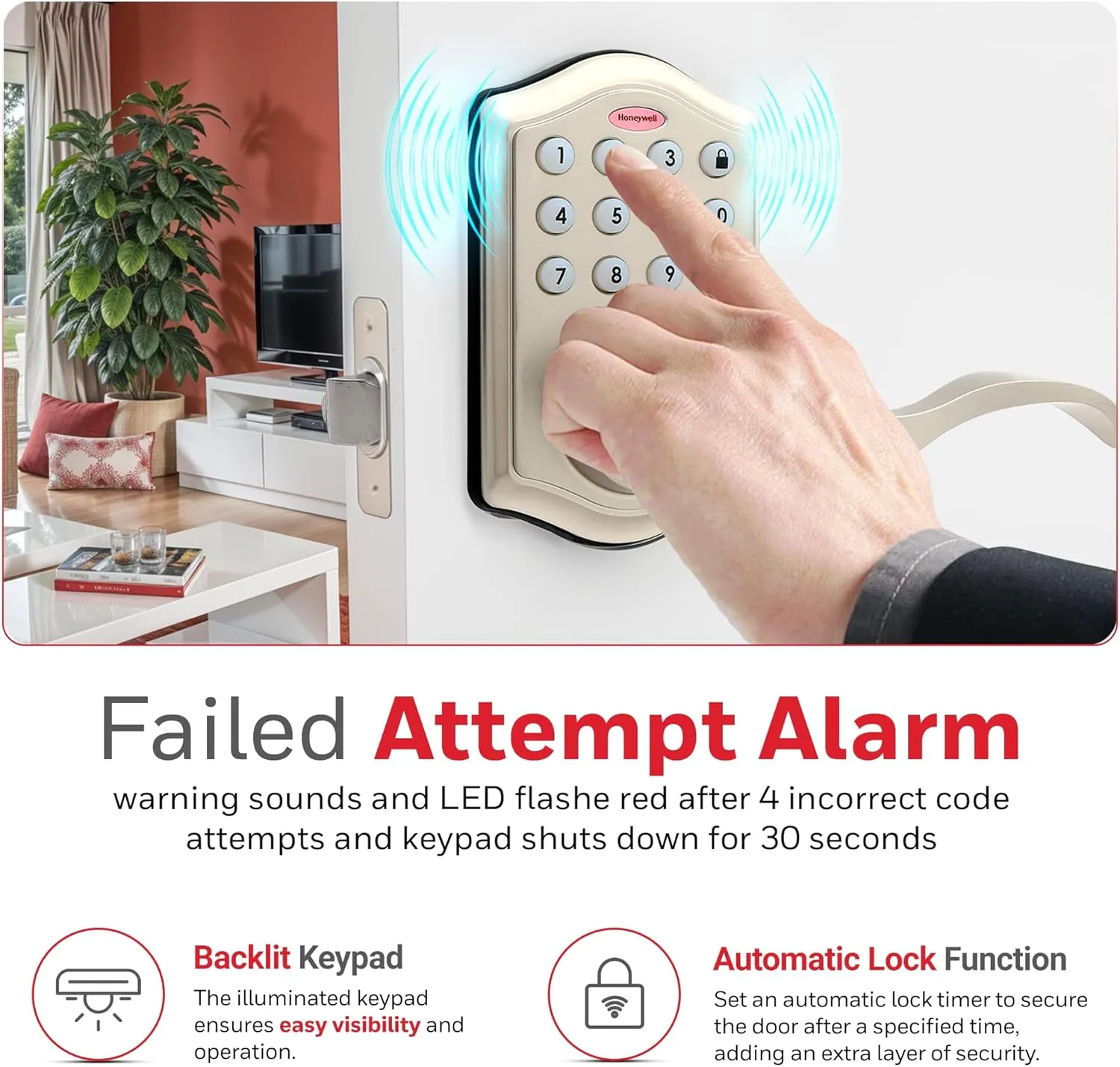 Honeywell Safes & Door Locks - Keyless Entry Lever Door Lock Handle with Electronic Keypad - Easy to Install for Front Door Lock with Code - 50 User Pin Codes - Satin Nickel, 6.5 x 8.8 x 9 in, 8734301
