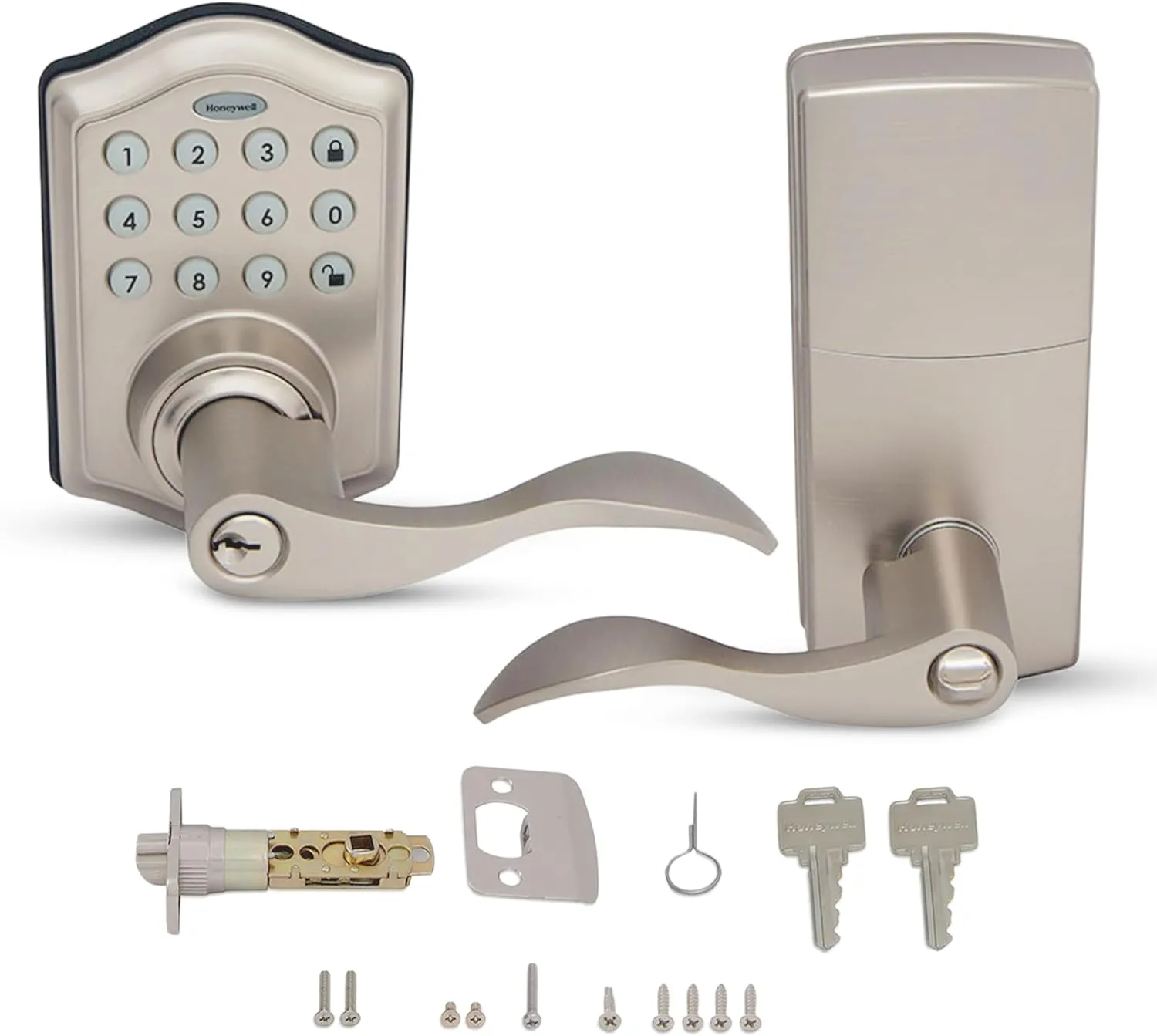 Honeywell Safes & Door Locks - Keyless Entry Lever Door Lock Handle with Electronic Keypad - Easy to Install for Front Door Lock with Code - 50 User Pin Codes - Satin Nickel, 6.5 x 8.8 x 9 in, 8734301