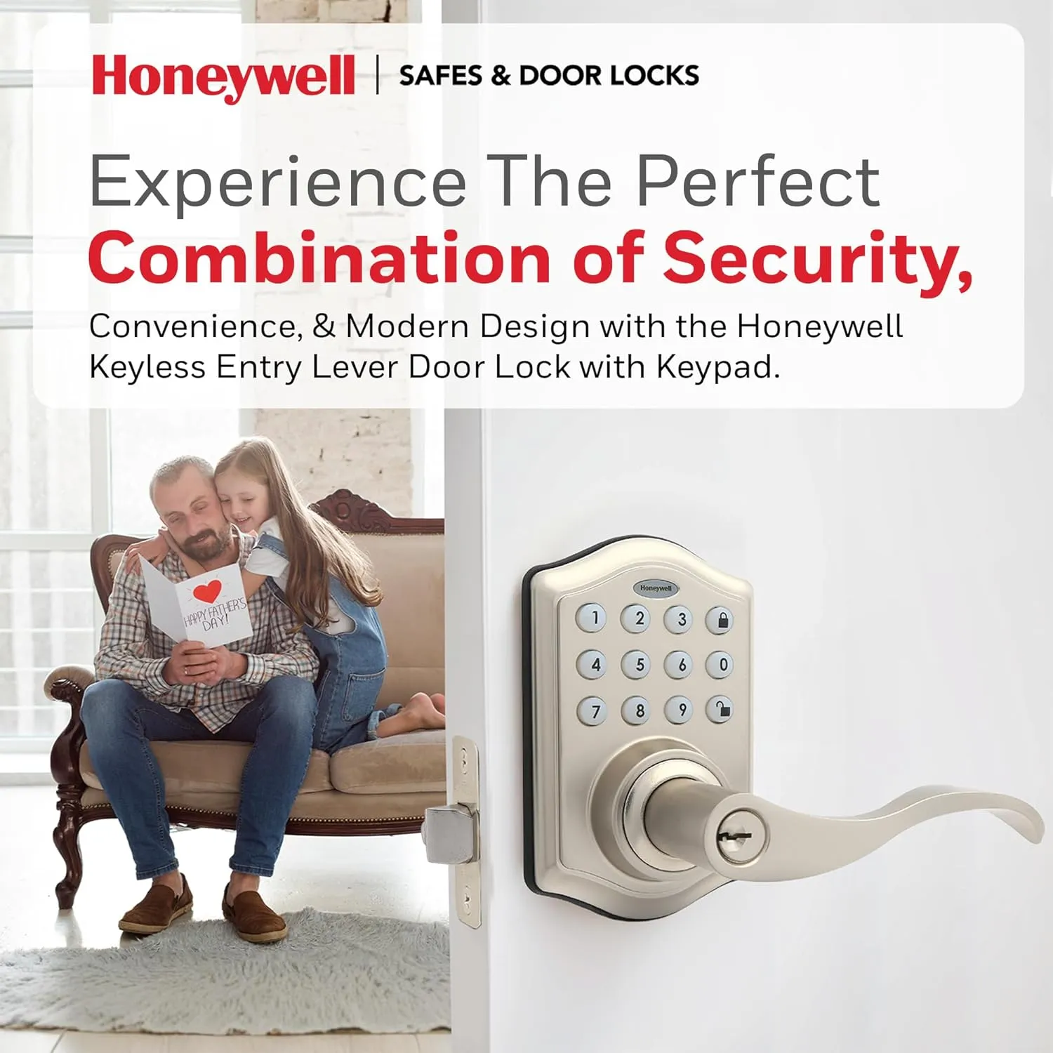 Honeywell Safes & Door Locks - Keyless Entry Lever Door Lock Handle with Electronic Keypad - Easy to Install for Front Door Lock with Code - 50 User Pin Codes - Satin Nickel, 6.5 x 8.8 x 9 in, 8734301