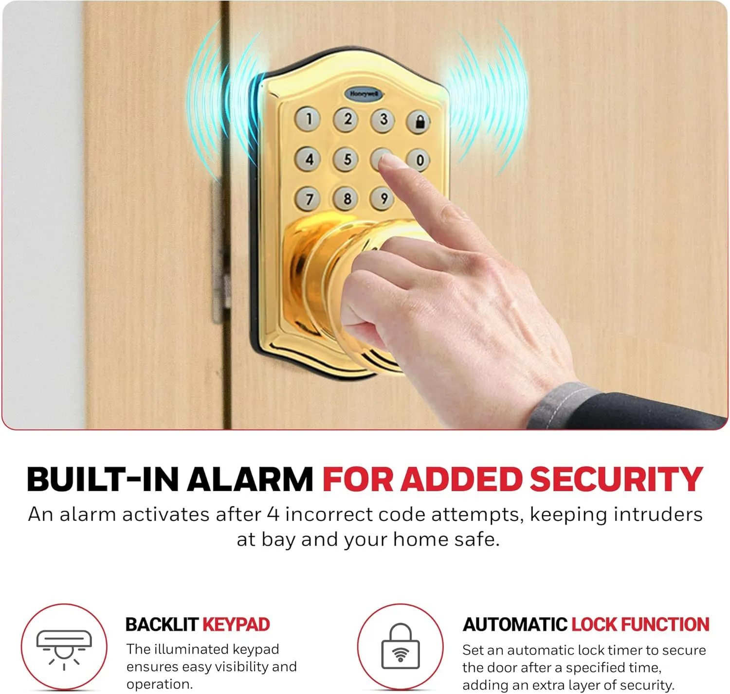 Honeywell Safes & Door Locks - Keyless Entry Smart Electronic Door Knob Lock with Digital Keypad - Auto Lock - 50 Different User Pin Codes - 1 Touch Locking - Polished Brass - 6.5x8.8x9 in - 8732001