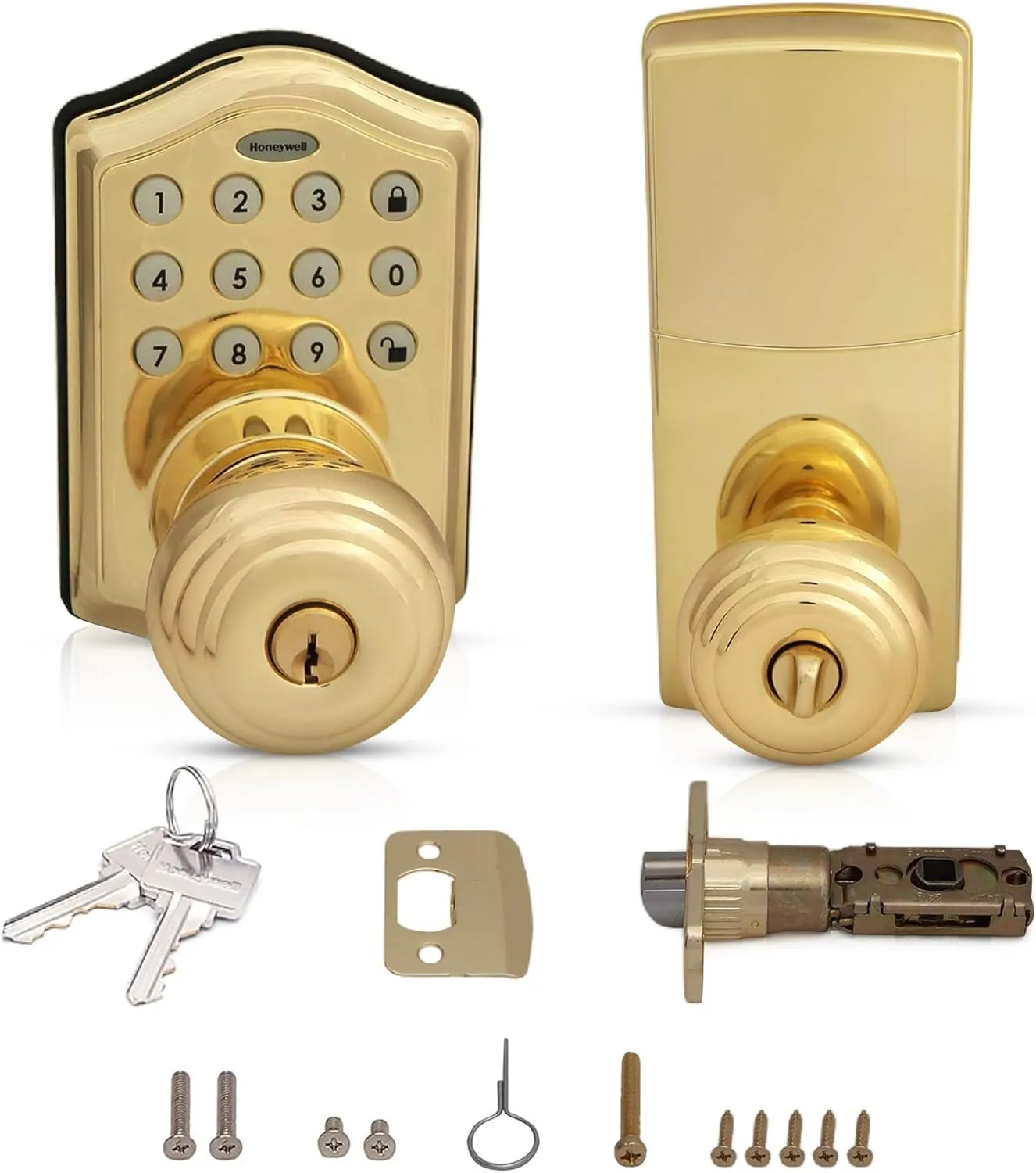 Honeywell Safes & Door Locks - Keyless Entry Smart Electronic Door Knob Lock with Digital Keypad - Auto Lock - 50 Different User Pin Codes - 1 Touch Locking - Polished Brass - 6.5x8.8x9 in - 8732001