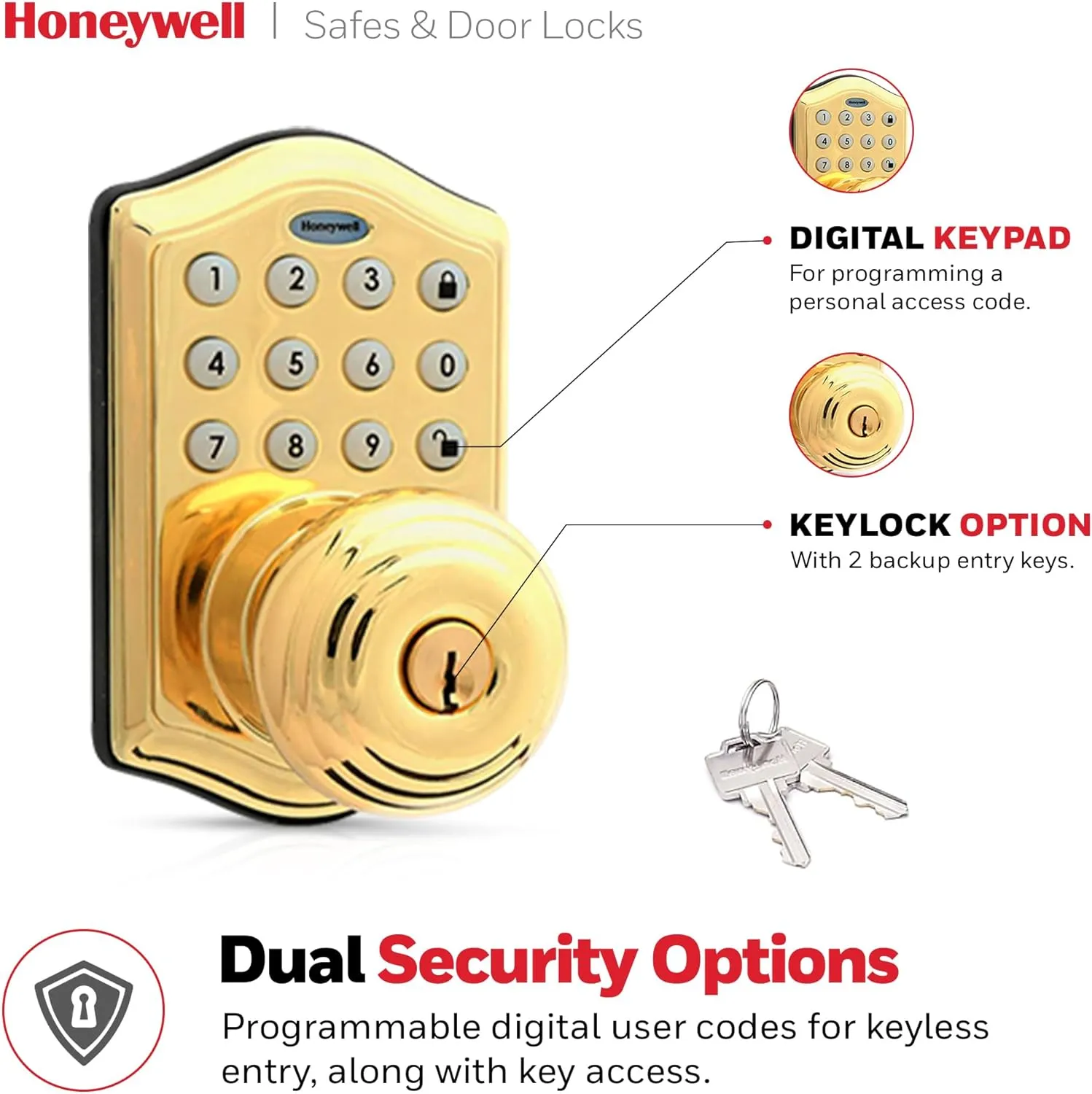 Honeywell Safes & Door Locks - Keyless Entry Smart Electronic Door Knob Lock with Digital Keypad - Auto Lock - 50 Different User Pin Codes - 1 Touch Locking - Polished Brass - 6.5x8.8x9 in - 8732001