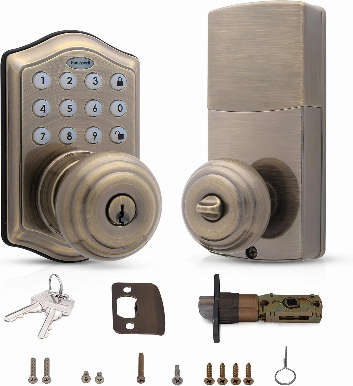 Honeywell Safes & Door Locks - Keyless Entry Smart Electronic Door Knob Lock with Digital Keypad - Auto Lock - 50 Different User Pin Codes - 1 Touch Locking - Antique Brass - 6.5x8.8x9 in - 8732101