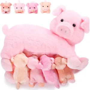 Honoson Pig Stuffed Animal with Babies, Cuddly Nursing Mommy Pig Plushy with 4 Stuffed Magnetic Piggy Toys for Kids Boys Girls Kawaii Birthday Gifts Family Funny Toys Baby Shower Decor(Cute)
